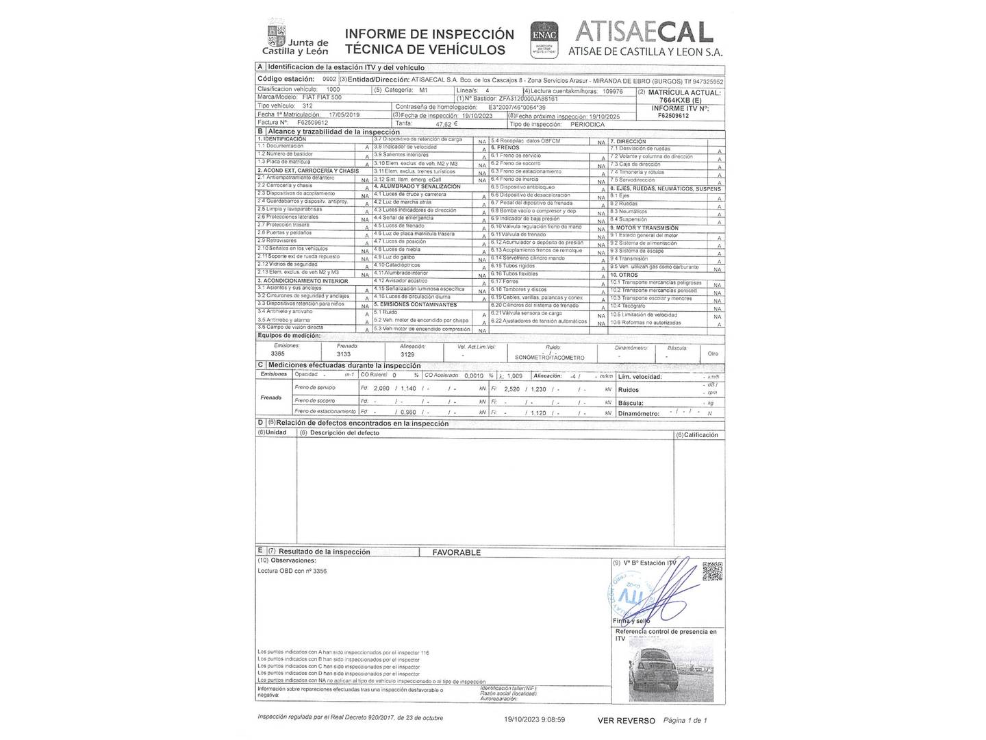 Foto del mantenimiento del Fiat 500 Fiat 500 1.2 8v Lounge (69 CV)