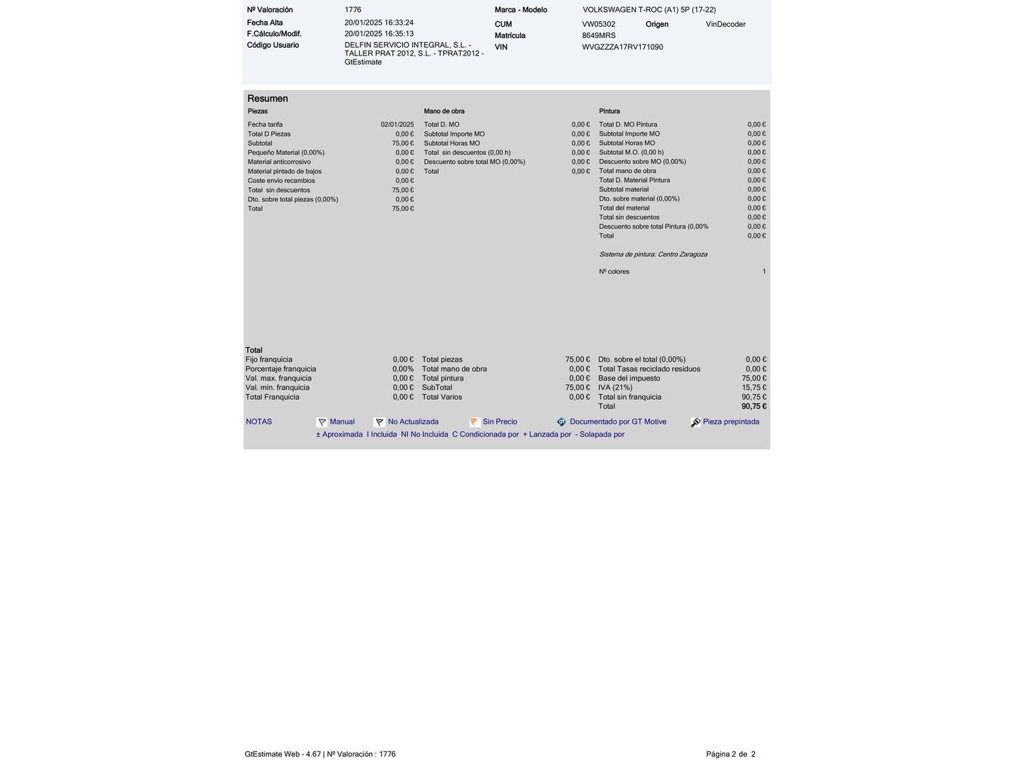 Foto del mantenimiento del Volkswagen T-Roc Volkswagen T-Roc Life 1.0 TSI (115 CV)