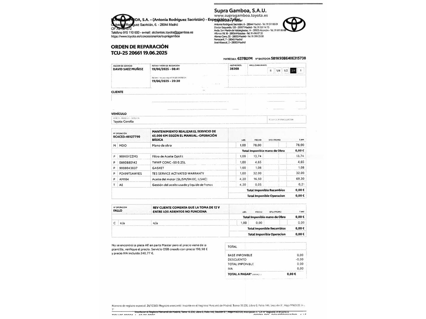 Foto del mantenimiento del Toyota Corolla Toyota Corolla 1.8 125 Híbrido Active Tech E-CVT (122 CV)