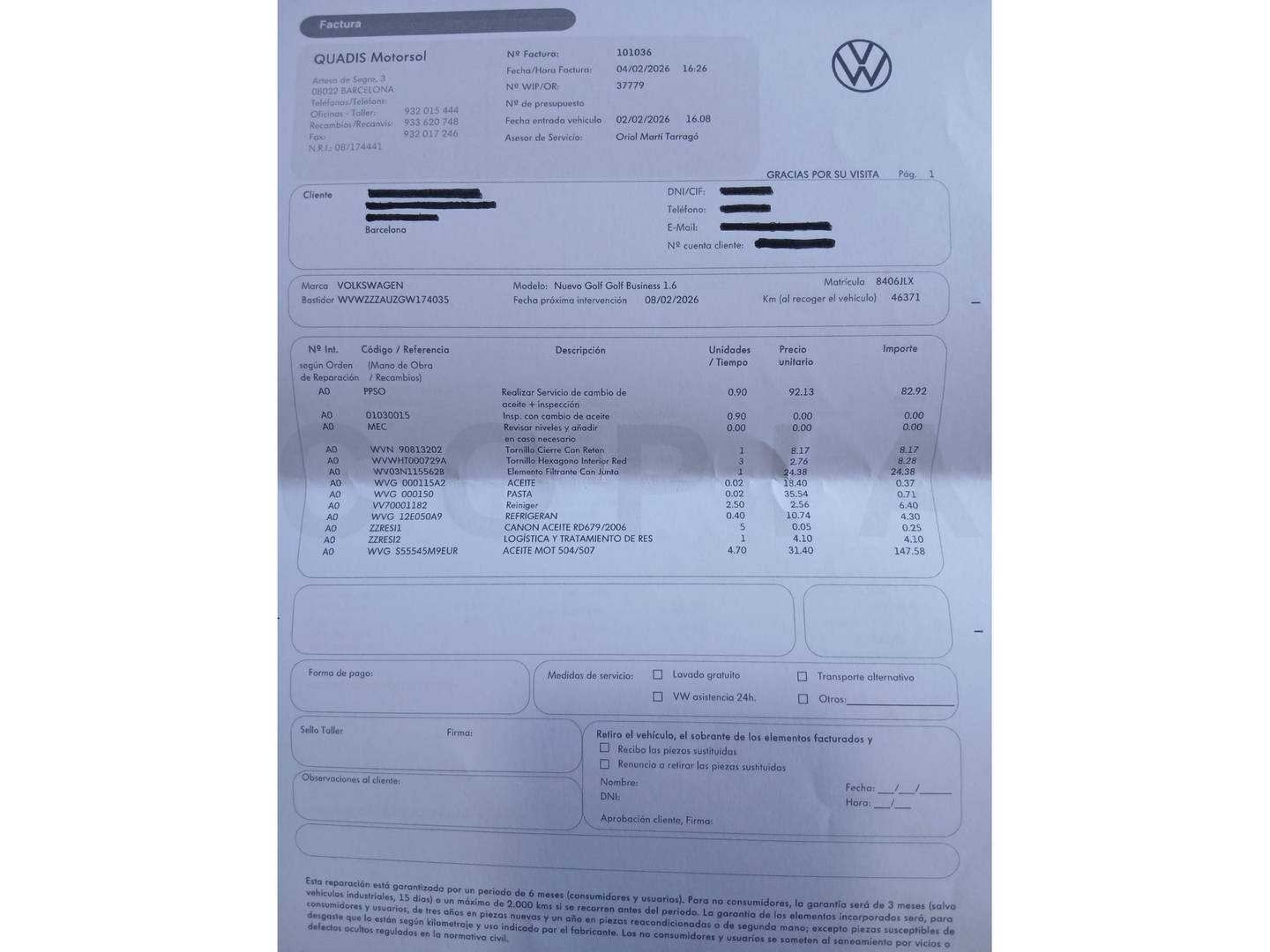 Foto del mantenimiento del Volkswagen Golf Volkswagen Golf Business 1.6 TDI BMT (110 CV) DSG