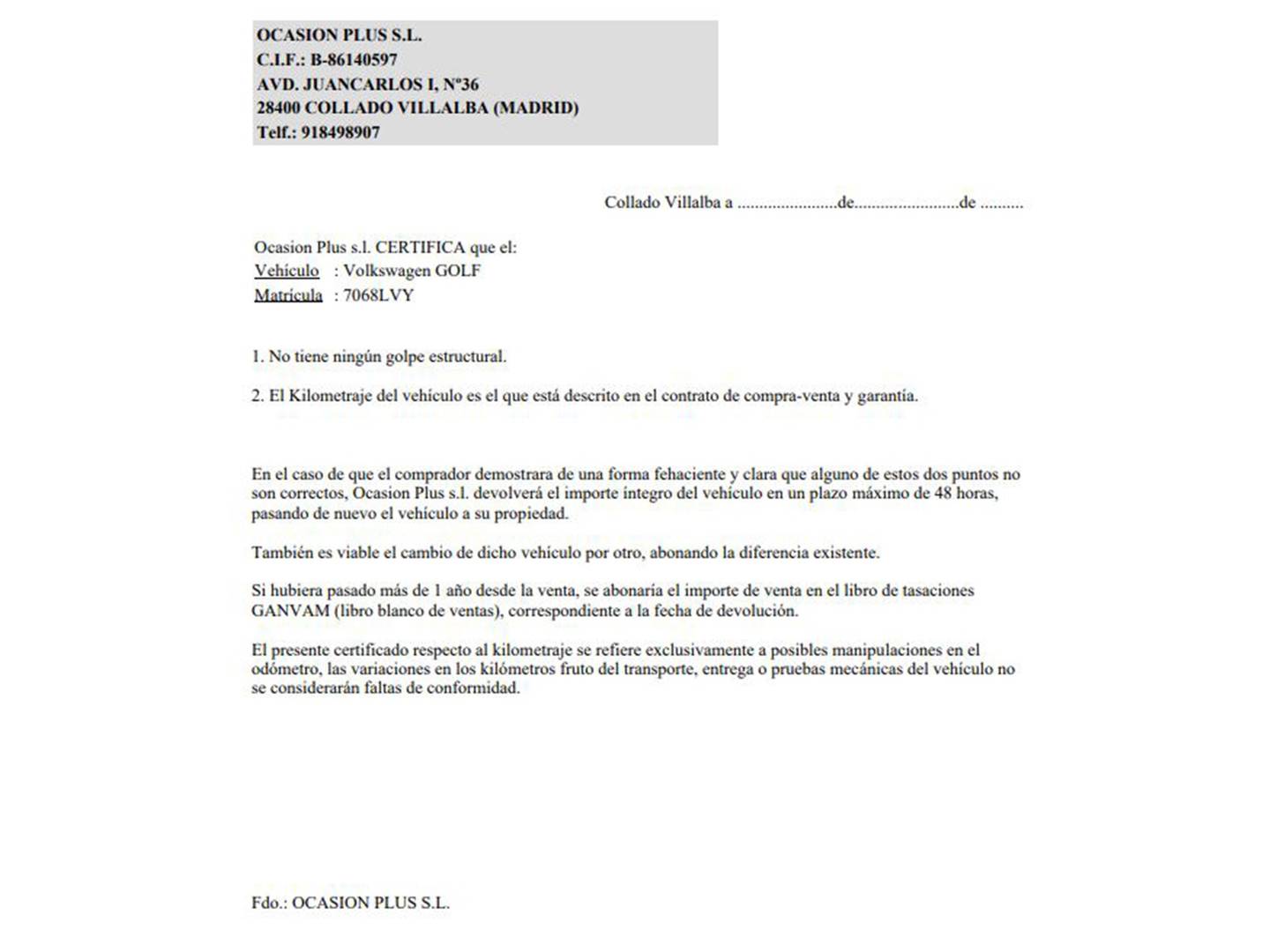 Foto del certificado del Volkswagen Golf Volkswagen Golf Variant Life 1.0 eTSI (110 CV) DSG