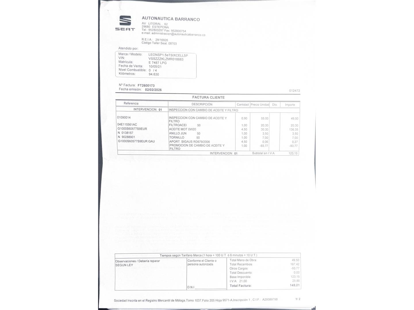 Foto del certificado del Seat León SEAT León ST 1.5 eTSI S&S Xcellence Go L DSG (150 CV)
