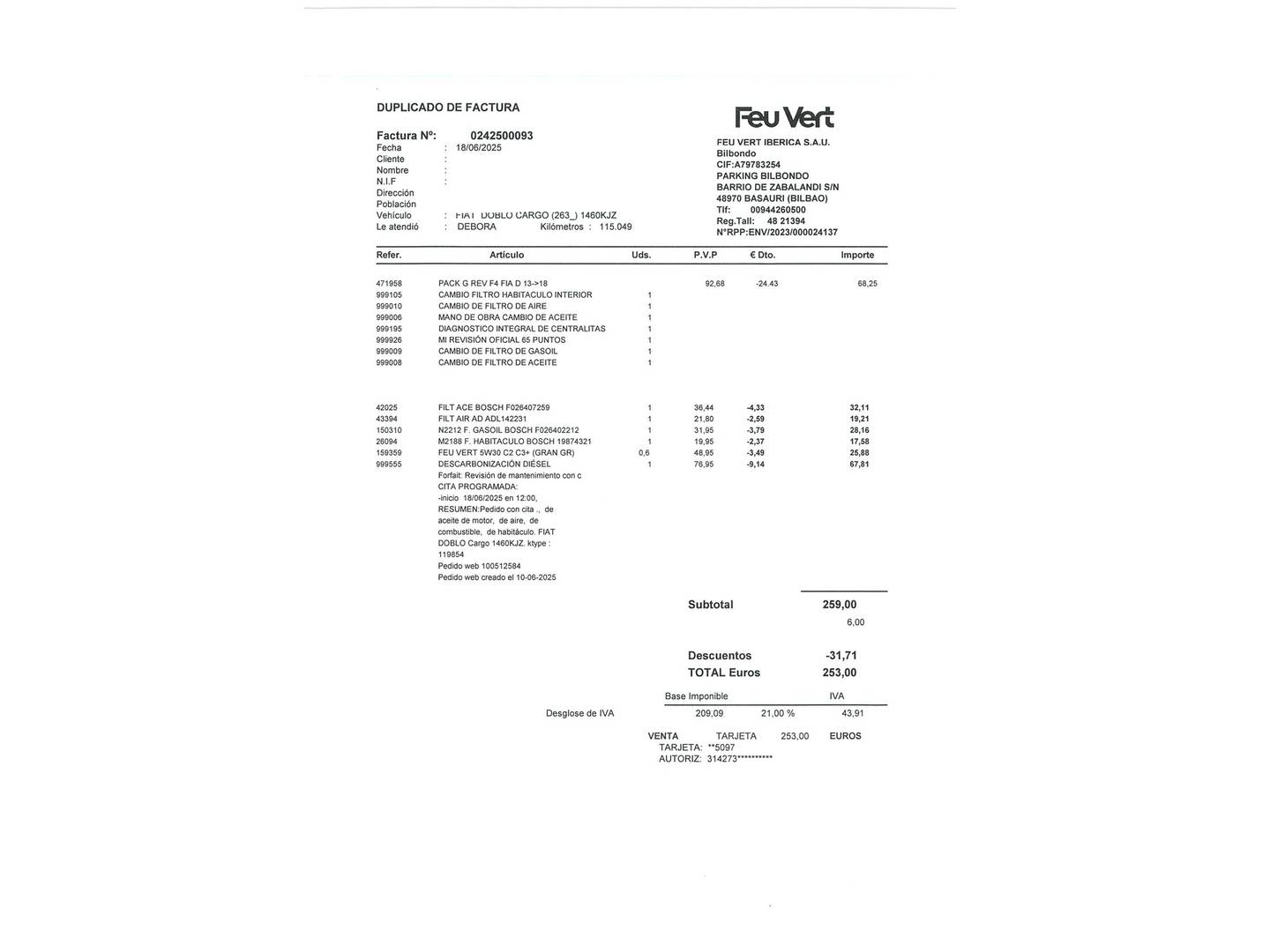 Foto del mantenimiento del Fiat Doblò Cargo Fiat Dobló Cargo 1.3 Multijet Base E6 (80 CV)