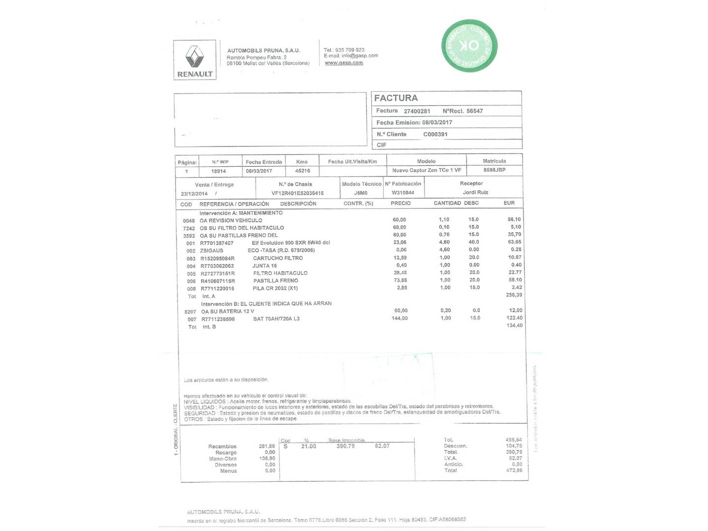 Foto del mantenimiento del Renault Captur Renault Captur Zen Energy TCe (120 CV) EDC
