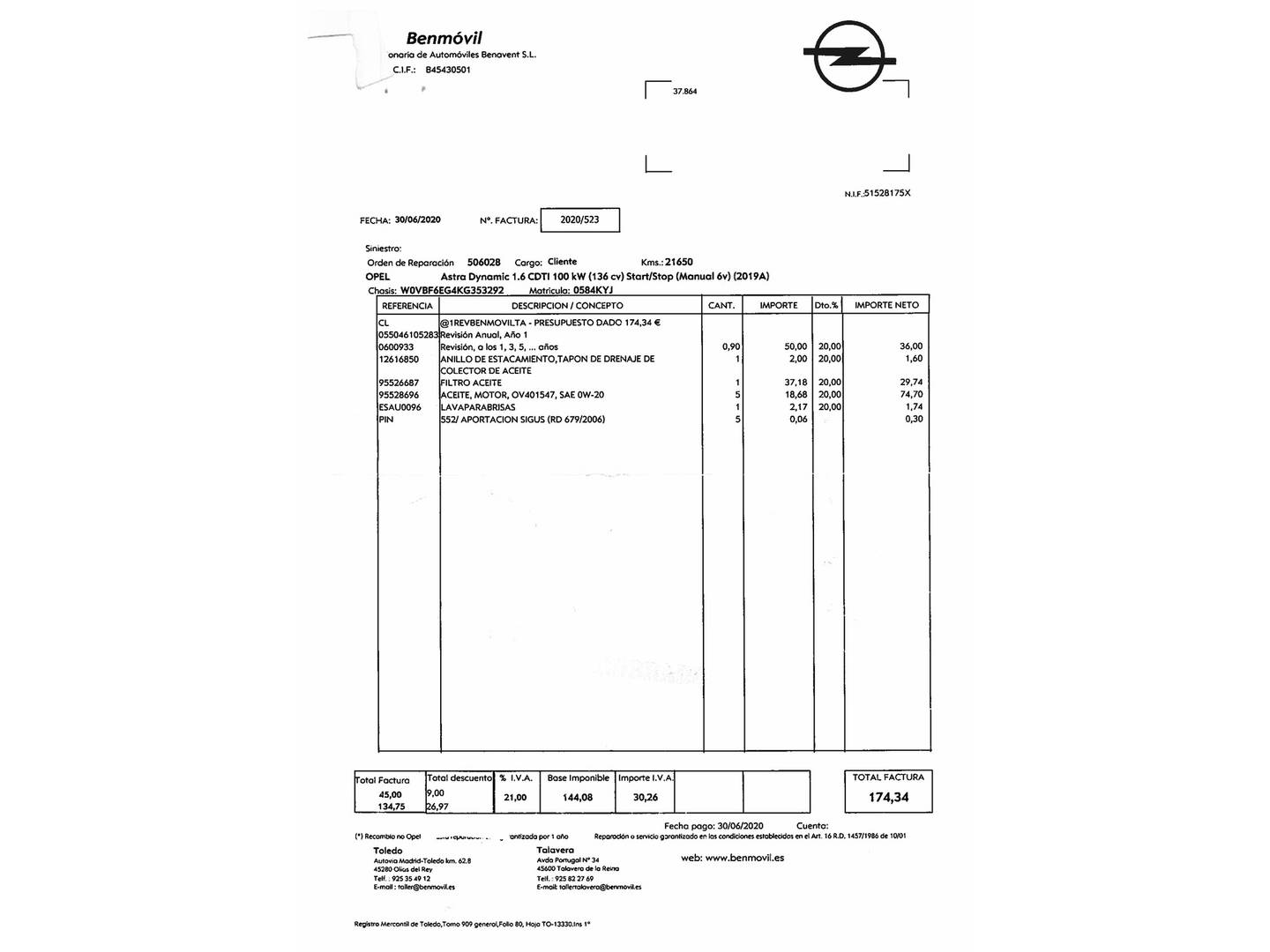 Foto del mantenimiento del Opel Astra Opel Astra 1.6 CDTi S&S Dynamic (136 CV)
