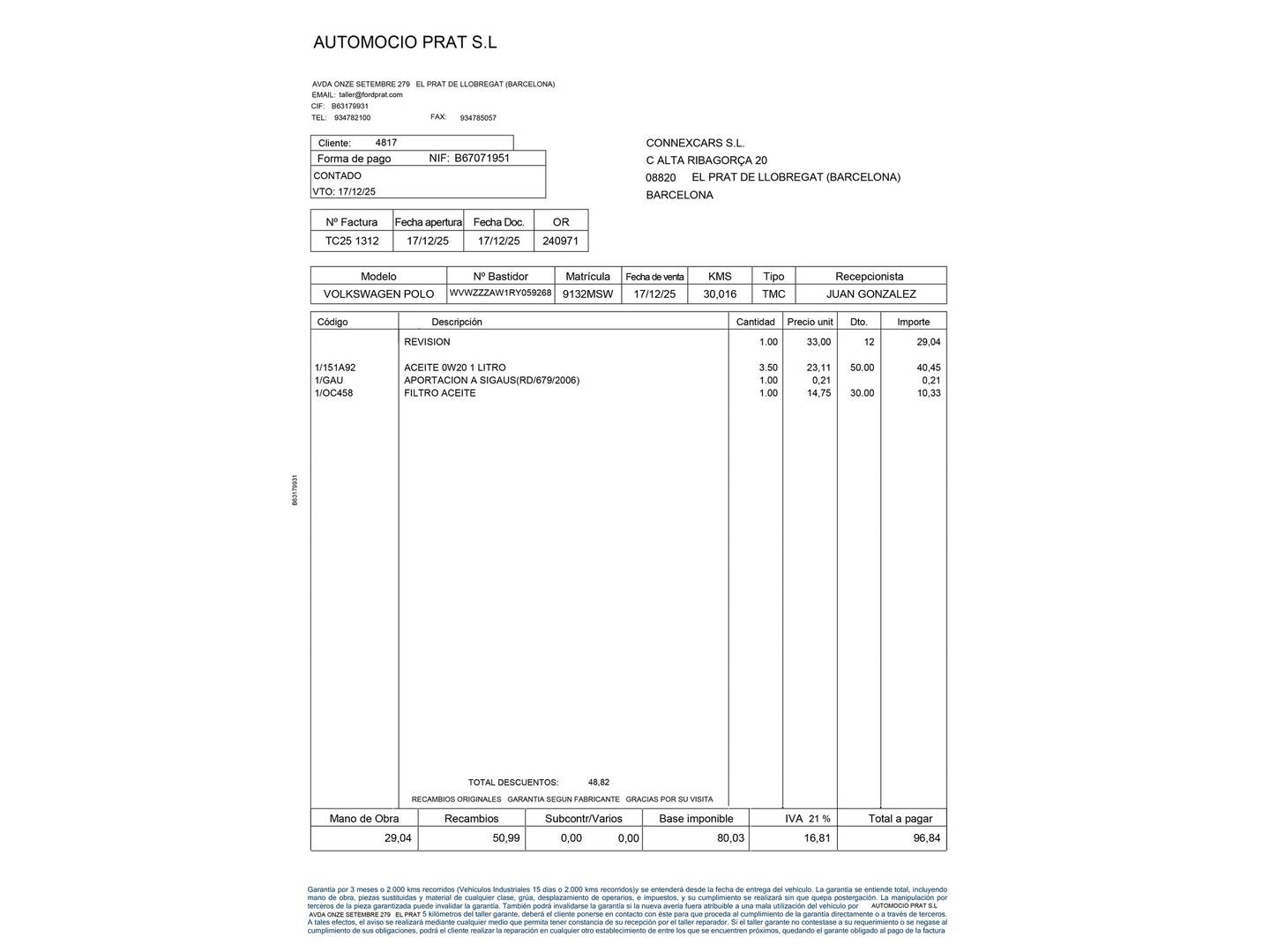 Foto del mantenimiento del Volkswagen Polo Volkswagen Polo Life 1.0 TSI (95 CV) DSG