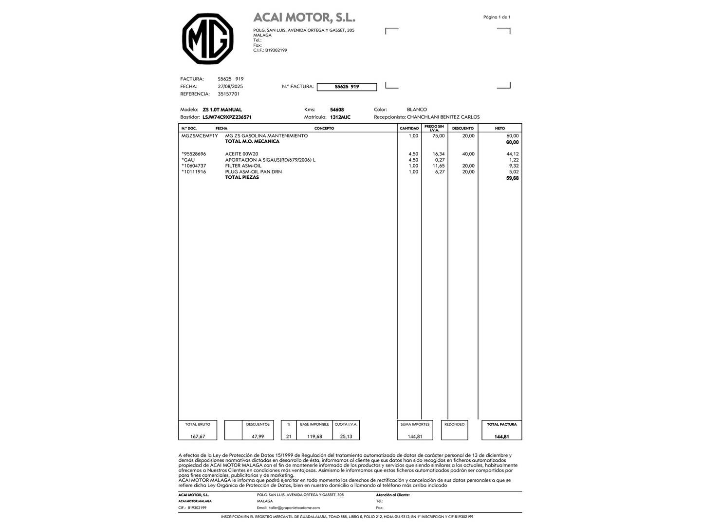 Foto del mantenimiento del MG ZS MG ZS 1.0T Luxury (111 CV)