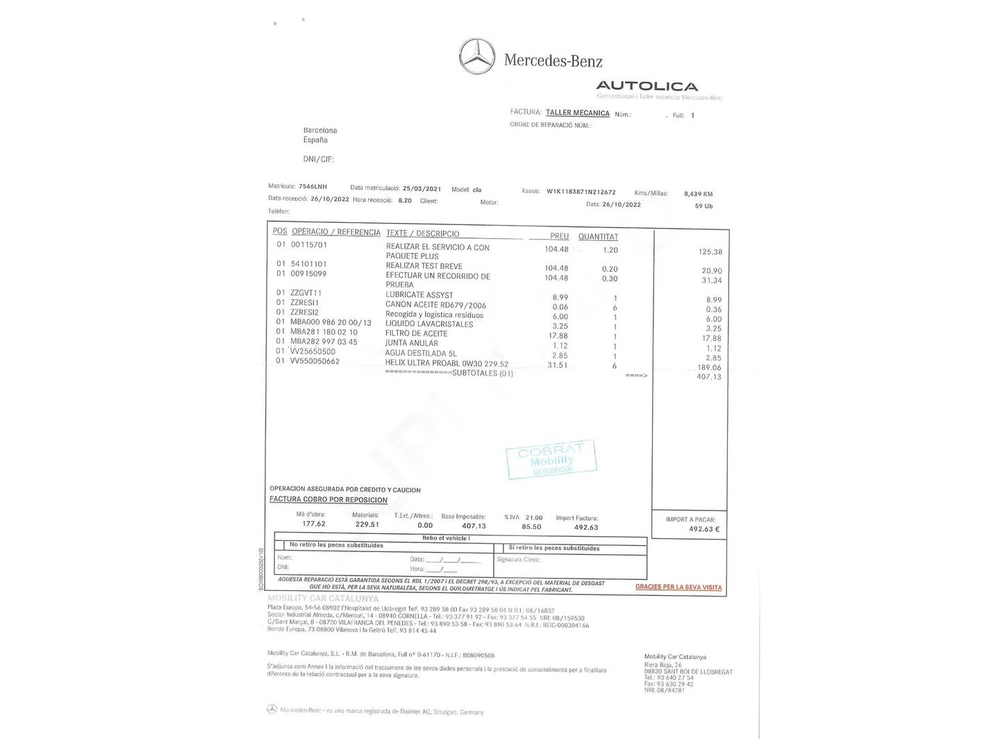 Foto del mantenimiento del Mercedes CLA Mercedes CLA 200 (163 CV) Pack AMG