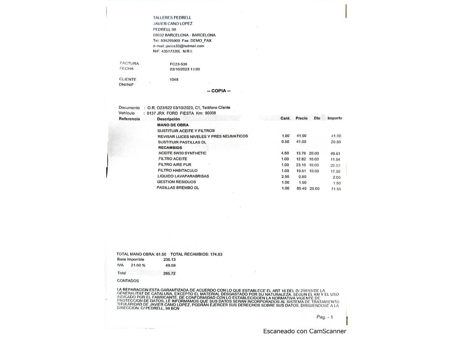 Foto del mantenimiento del Ford Fiesta Ford Fiesta 1.25 Duratec Trend (82 CV)