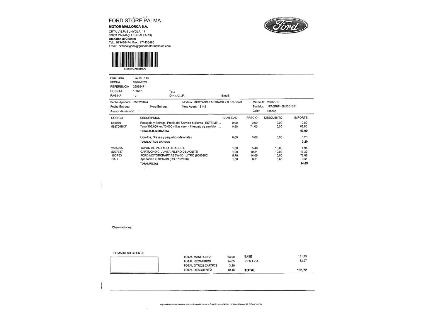 Foto del mantenimiento del Ford Mustang Ford Mustang 2.3 EcoBoost Mustang Auto Fastback (314 CV)