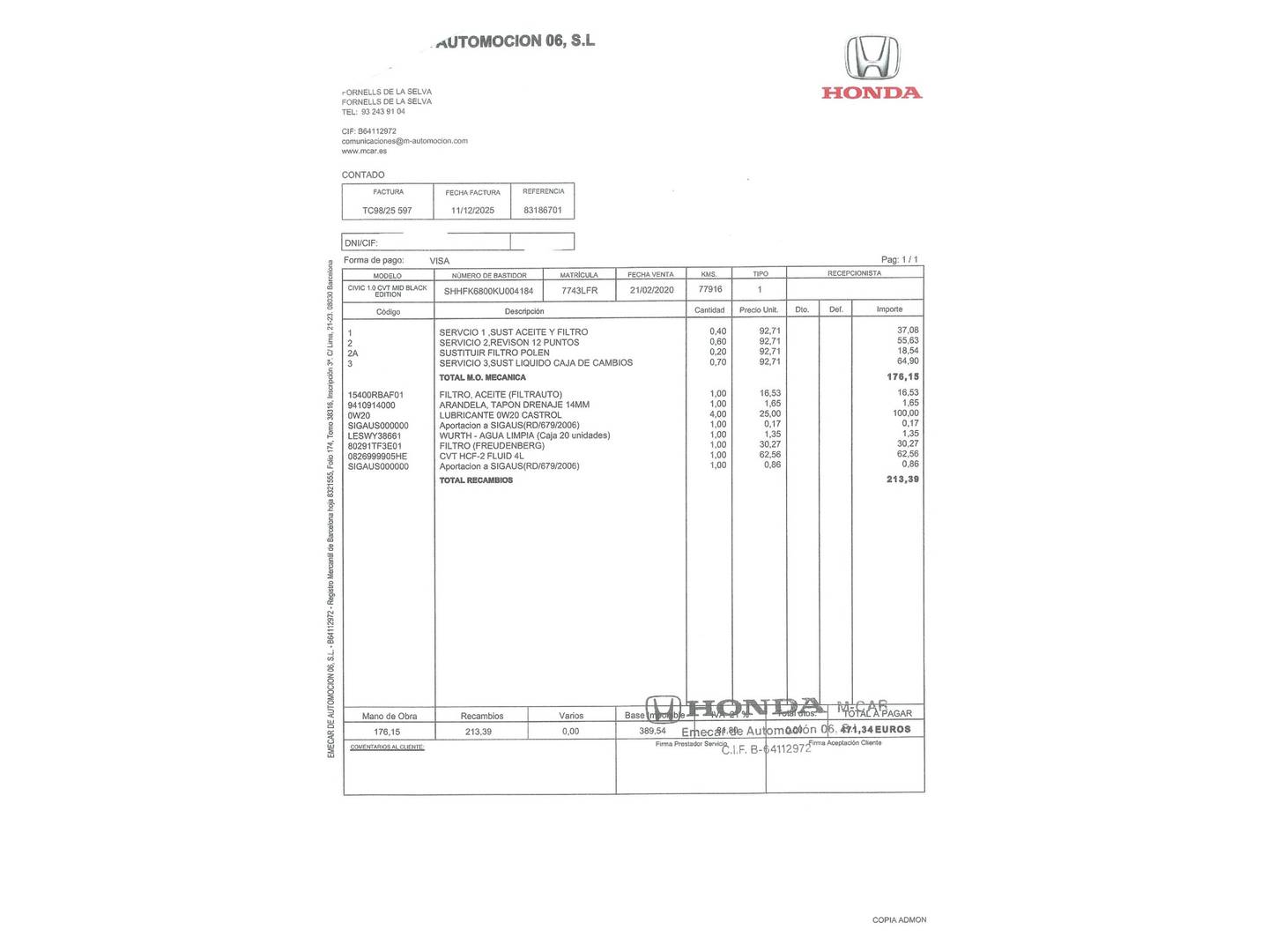 Foto del mantenimiento del Honda Civic Honda Civic 1.0 I-VTEC Turbo Dynamic Nav CVT (129 CV)