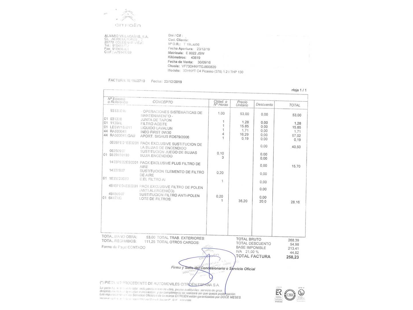 Foto del mantenimiento del Citroën C4 Picasso Citroën C4 Picasso PureTech 130 S&S 6v Shine EAT6 (130 CV)