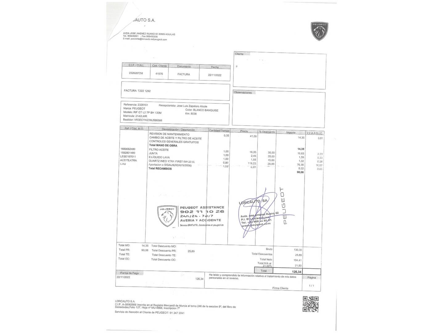 Foto del mantenimiento del Peugeot Rifter Peugeot Rifter BlueHDi 130 GT Long (130 CV) 7 Plazas