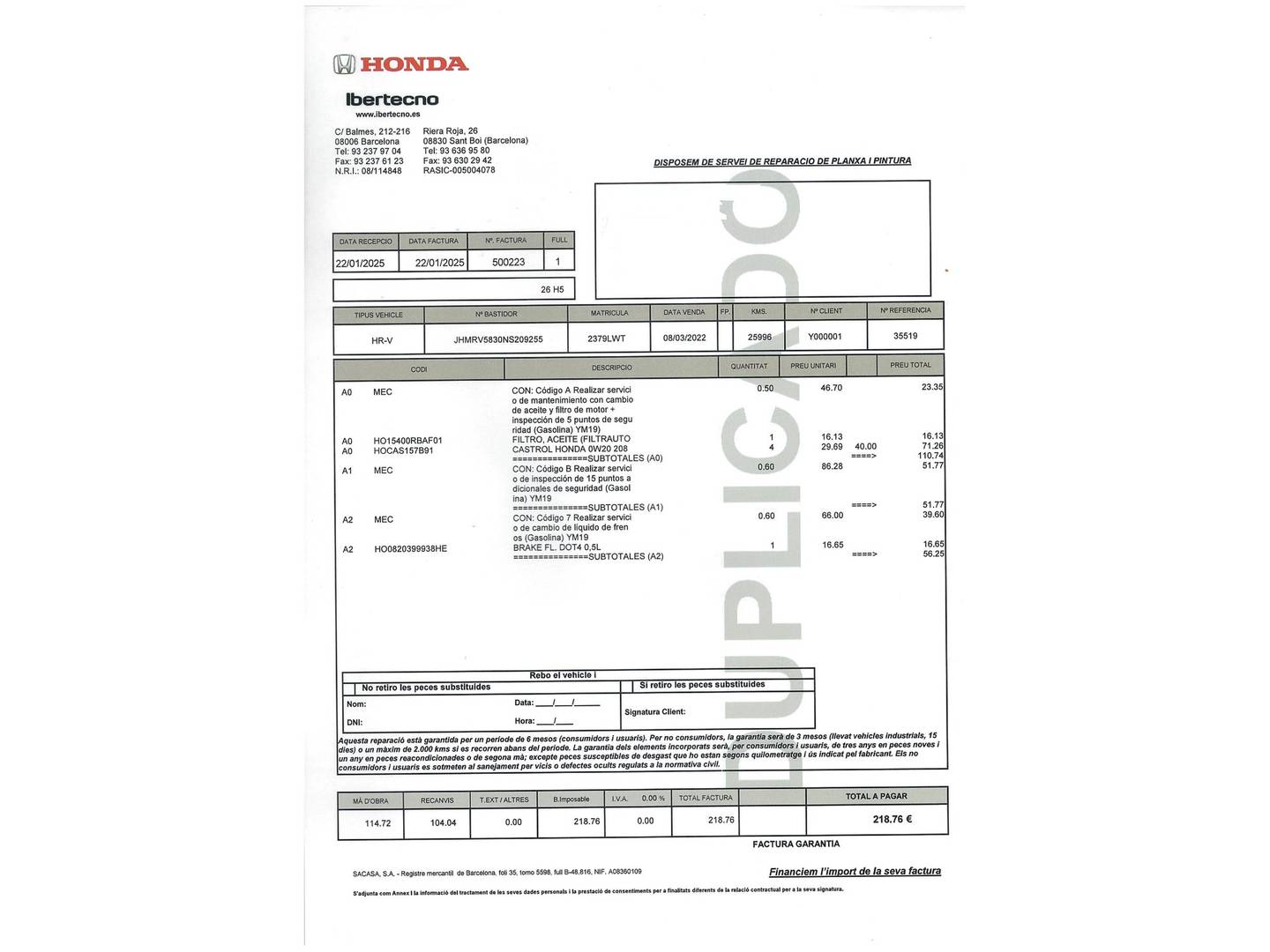 Foto del mantenimiento del Honda HR-V Honda HR-V 1.5 i-MMD Advance 4x2 Auto (131 CV)