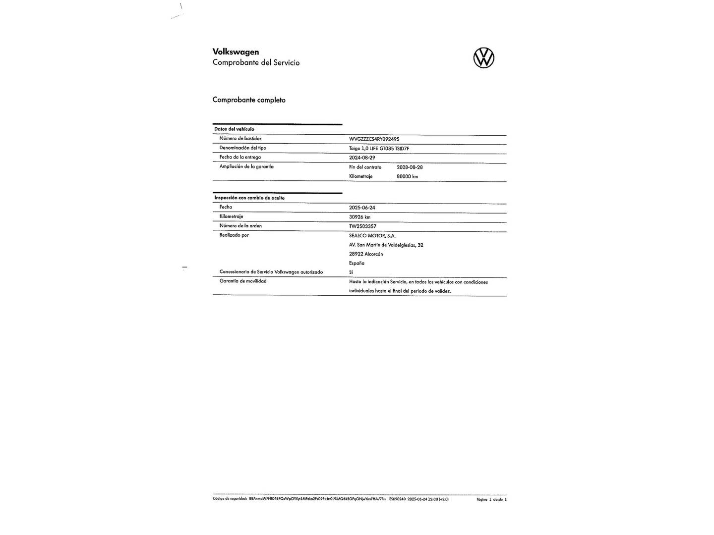 Foto del mantenimiento del Volkswagen Taigo Volkswagen Taigo ``Más`` 1.0 TSI (115 CV) DSG