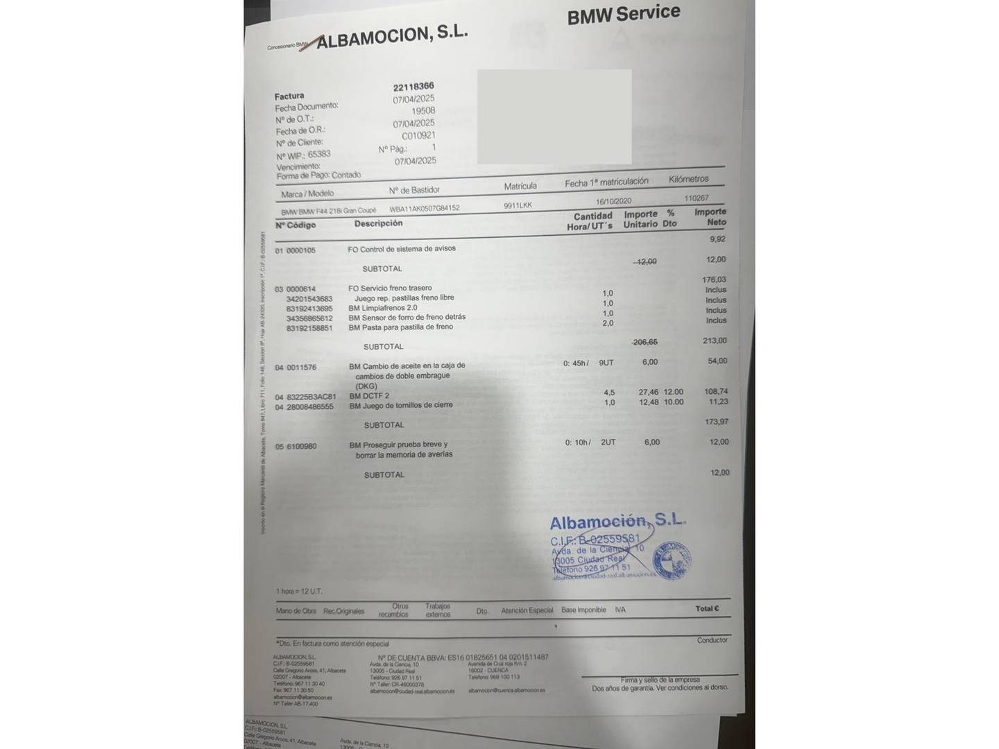 Foto del mantenimiento del BMW Serie 2 BMW Serie 2 218i Gran Coupe (140 CV) Pack M