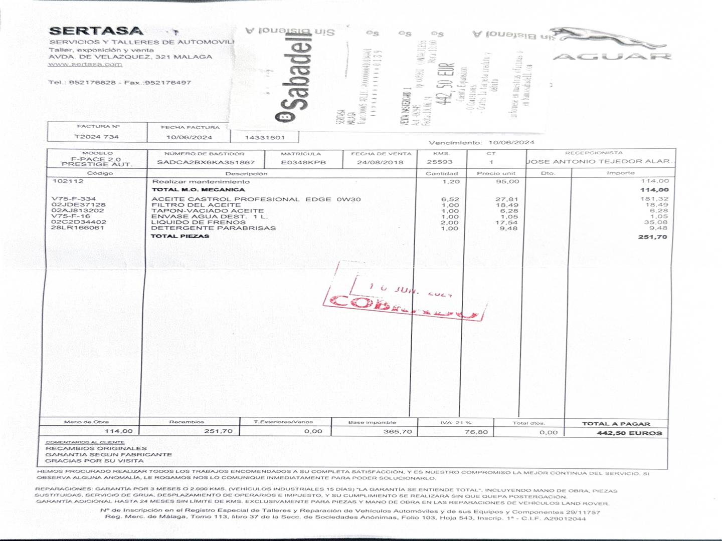 Foto del mantenimiento del Jaguar F-Pace Jaguar F-PACE 2.0T i4 Prestige AWD Auto (250 CV)