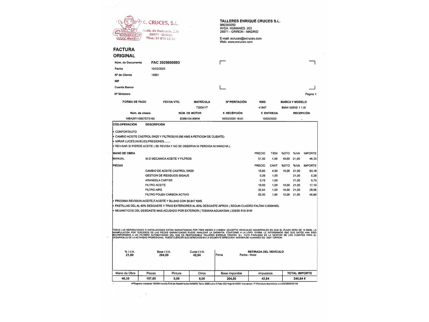 Foto del mantenimiento del BMW Serie 1 BMW Serie 1 116i (109 CV)
