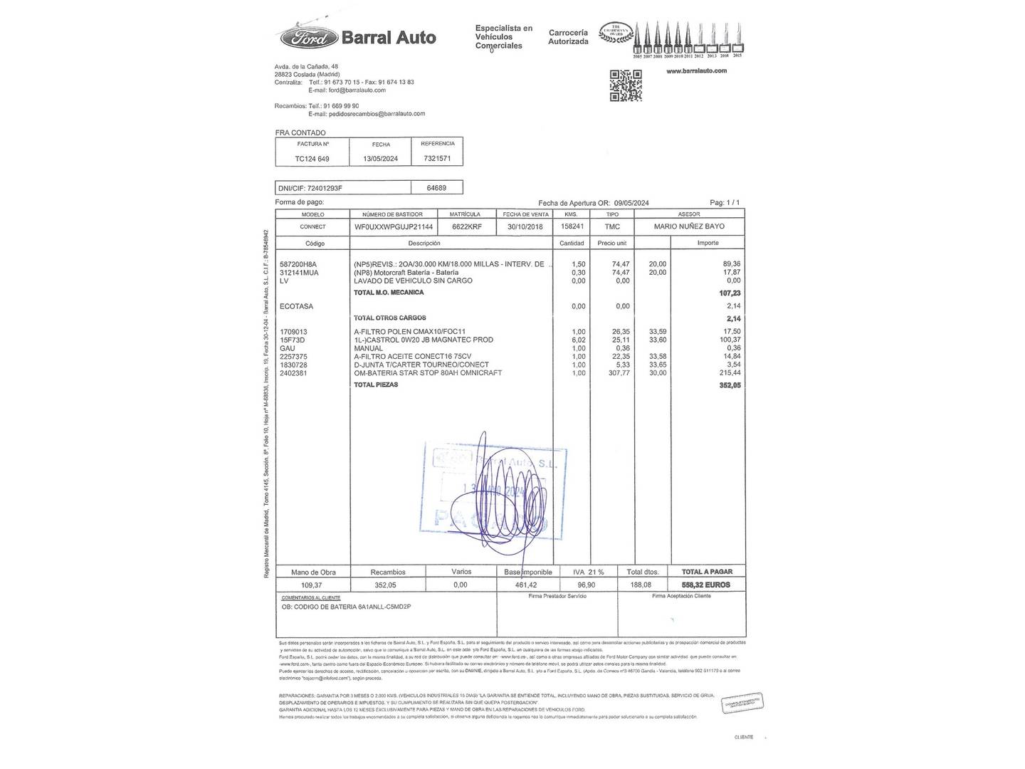 Foto del mantenimiento del Ford Grand Tourneo Connect Ford Grand Tourneo Connect 1.5 TDCi Titanium (120 CV) 7 Plazas