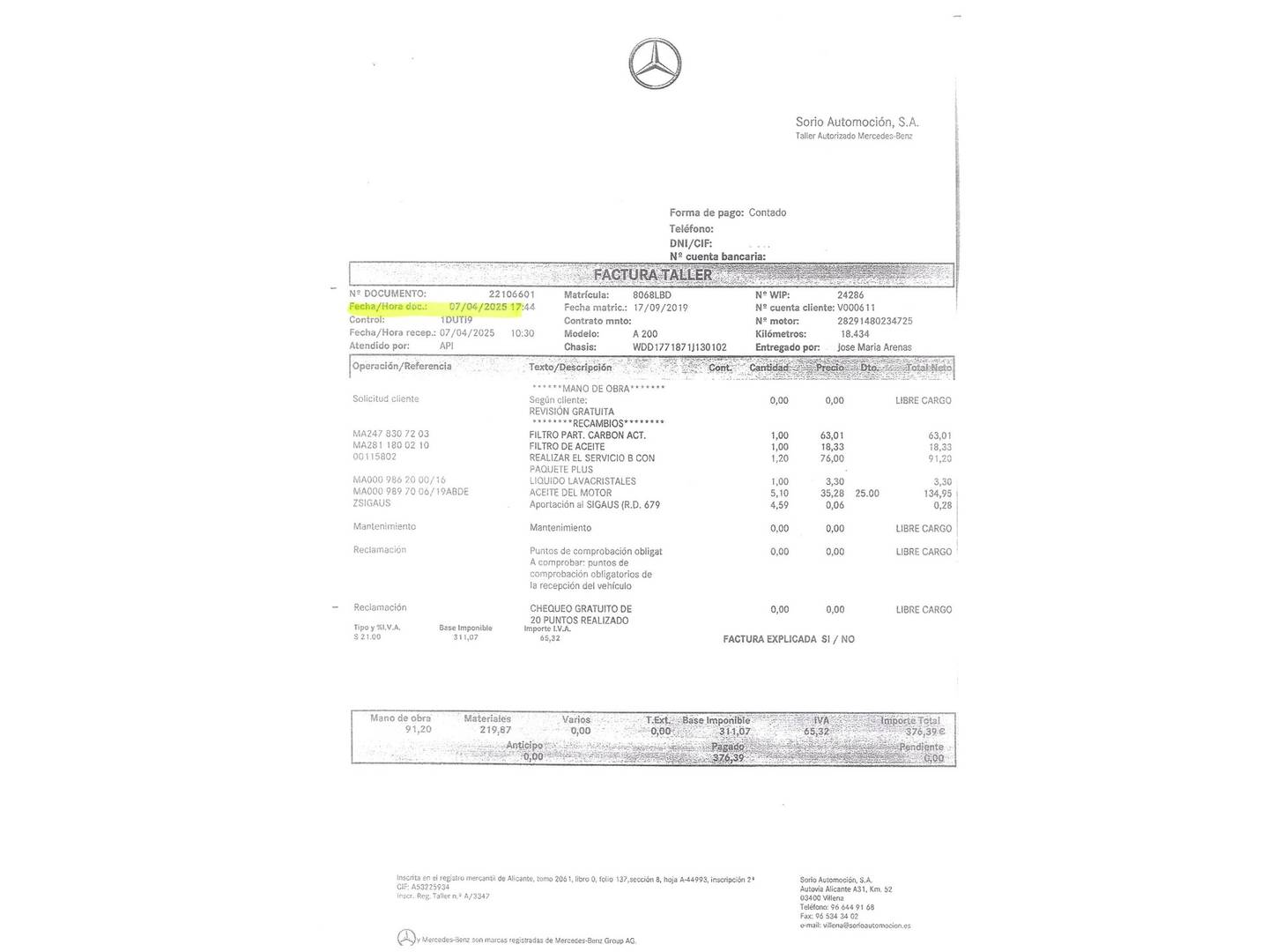 Foto del mantenimiento del Mercedes Clase A Mercedes Clase A 200 Sedán (163 CV)