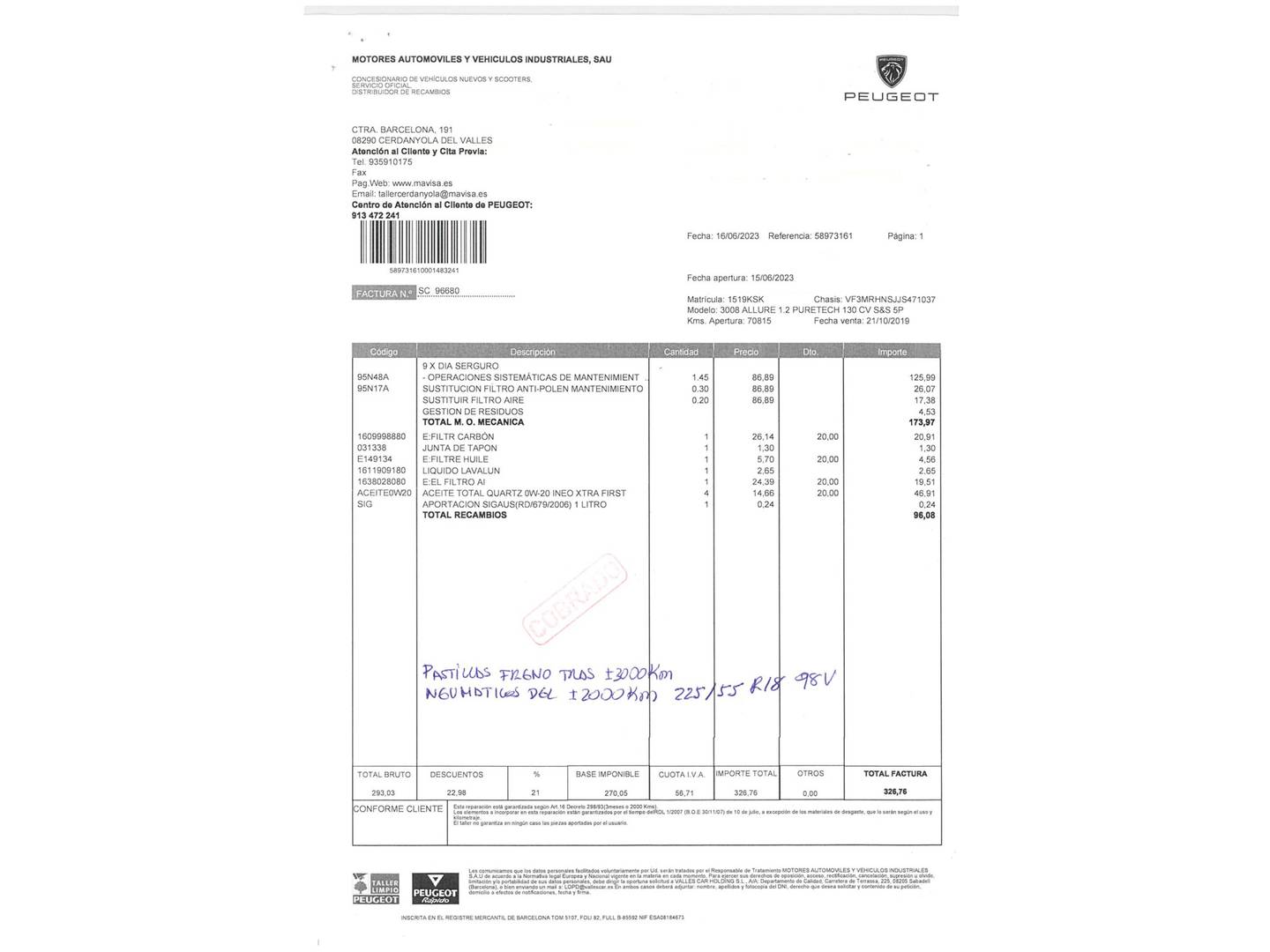 Foto del mantenimiento del Peugeot 3008 Peugeot 3008 PureTech 130 S&S Allure (130 CV)