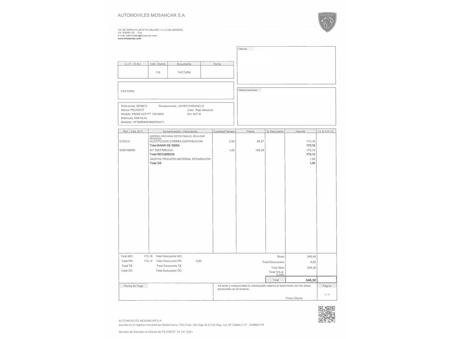 Foto del mantenimiento del Peugeot 5008 Peugeot 5008 PureTech 130 S&S Active Pack (130 CV) 7 Plazas