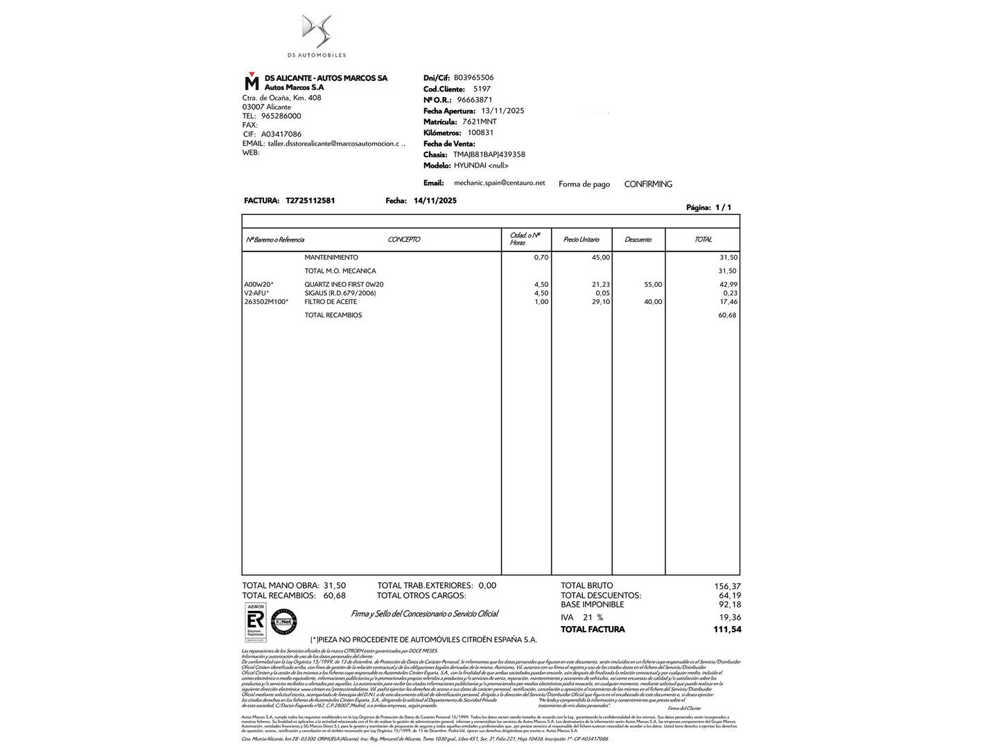 Foto del mantenimiento del Hyundai Tucson Hyundai Tucson 1.6 TGDI Klass 4x2 (150 CV)