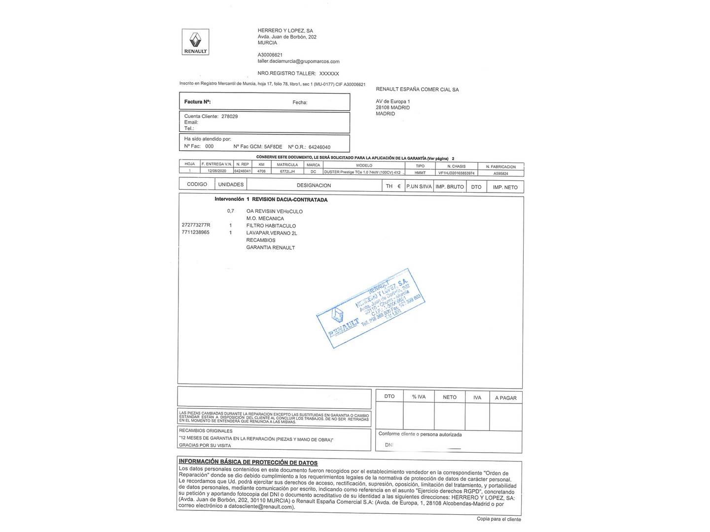 Foto del mantenimiento del Dacia Duster Dacia Duster Prestige TCE (100 CV) 4X2