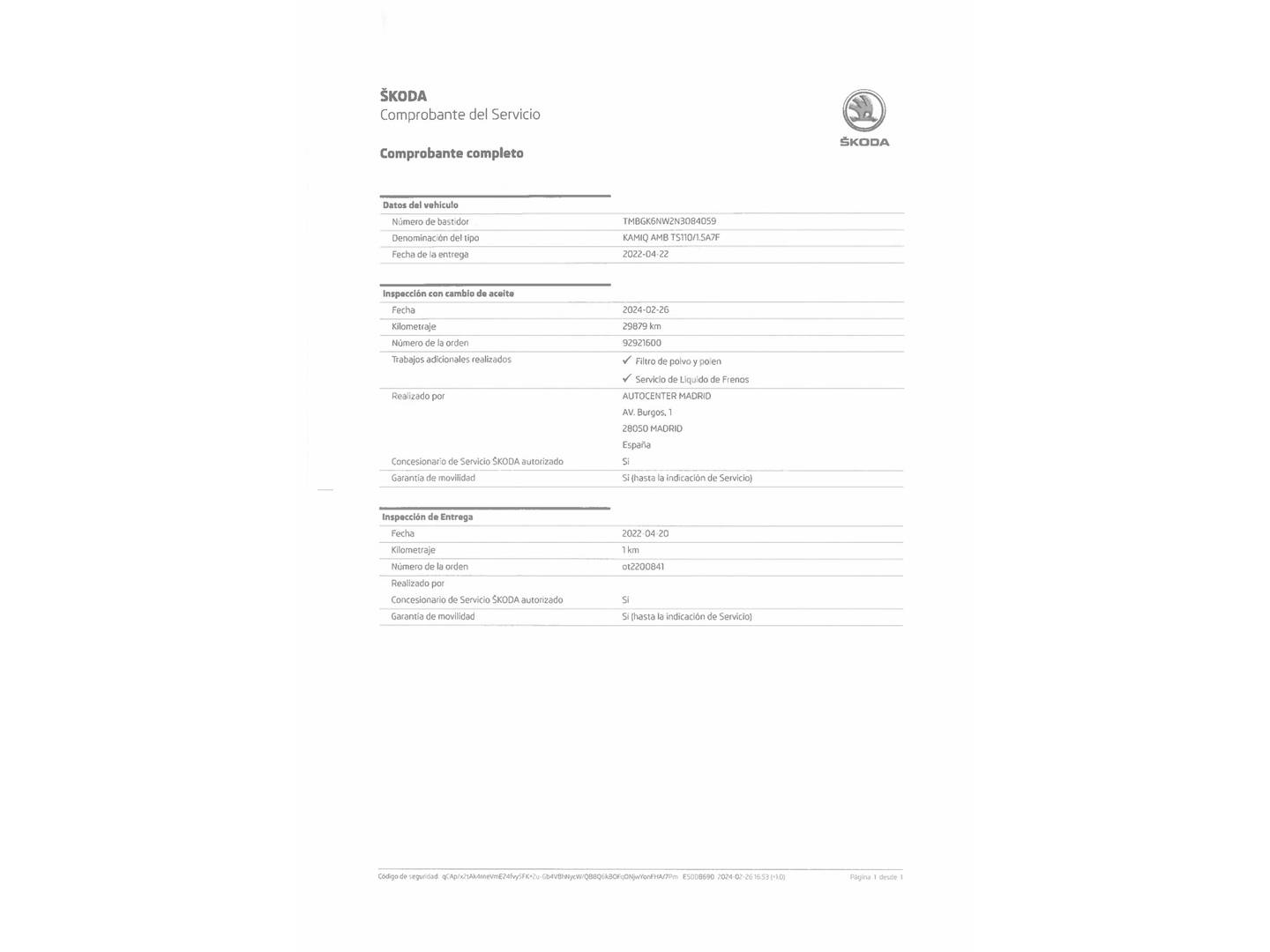 Foto del mantenimiento del Skoda Kamiq Skoda Kamiq 1.5 TSI 110kW (150CV) DSG Emotion