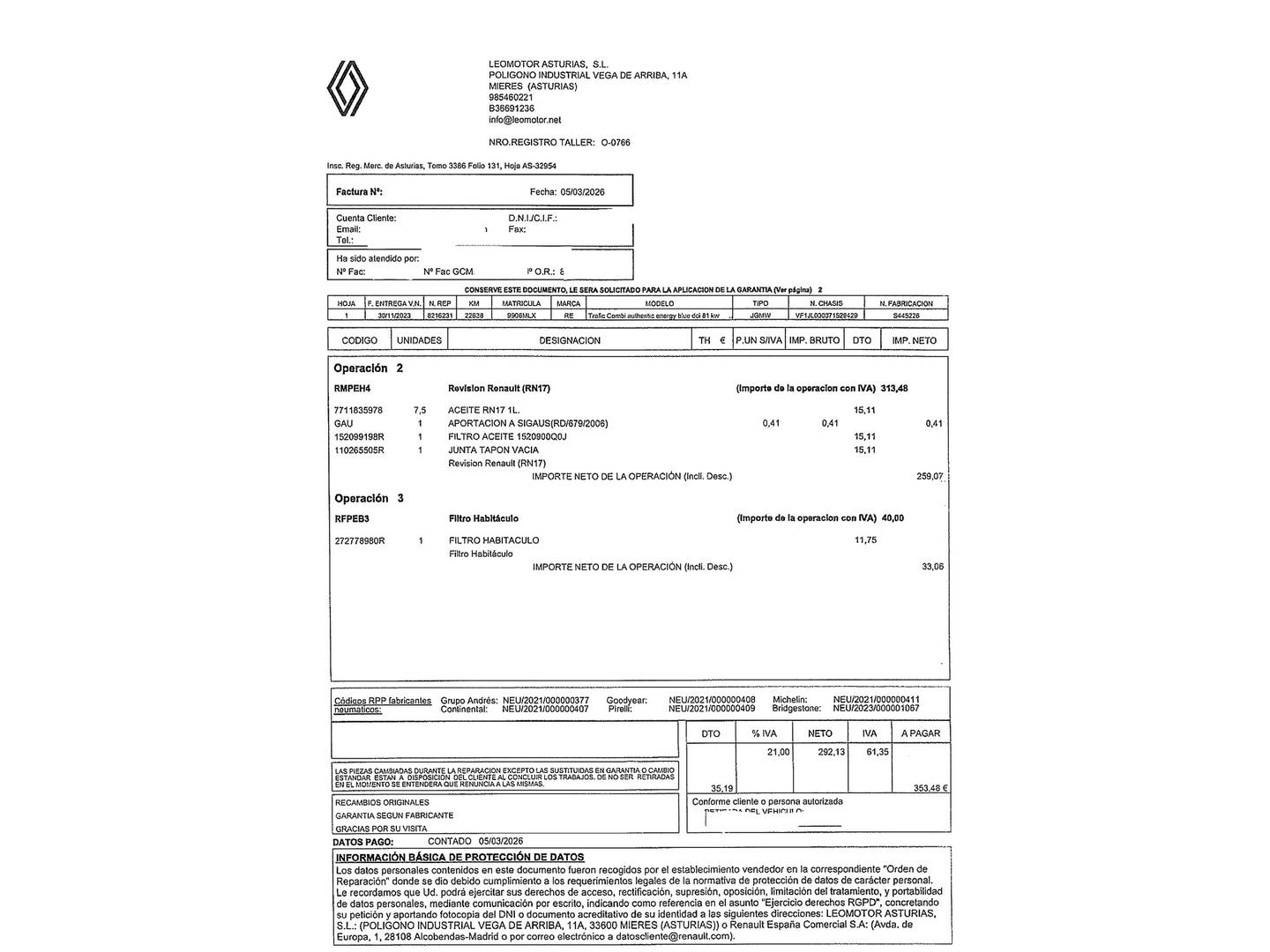 Foto del mantenimiento del Renault Trafic Renault Trafic Authentic Energy Blue dCi (110 CV)