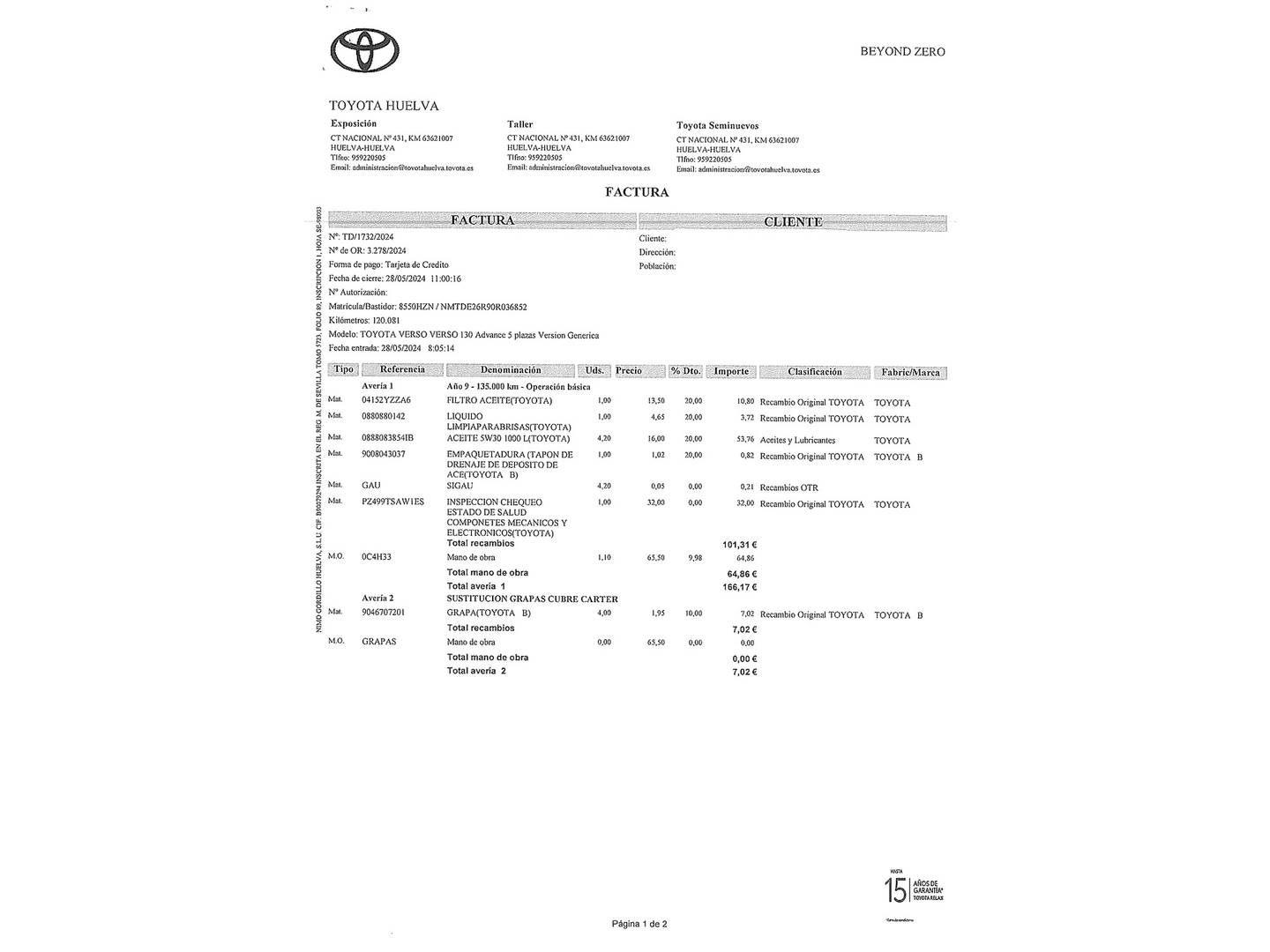 Foto del mantenimiento del Toyota Verso Toyota Verso 130 Advance (132 CV)
