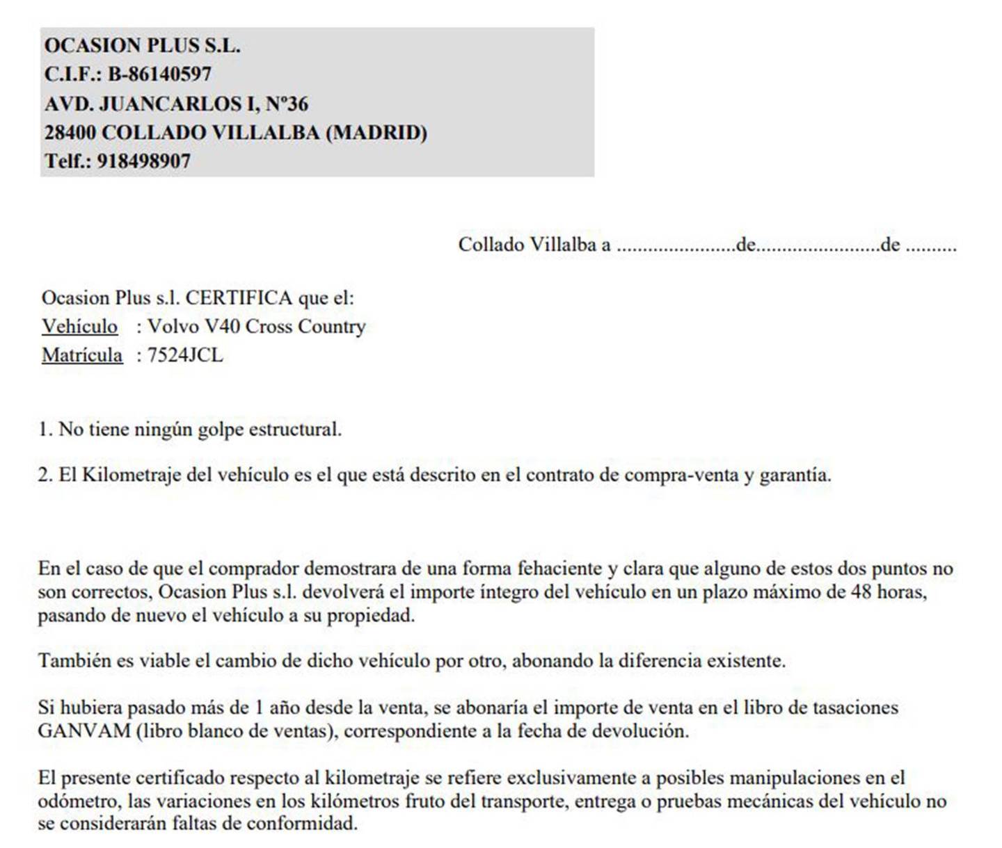 Foto del certificado del Volvo V40 Cross Country Volvo V40 Cross Country D3 Momentum Auto (150 CV)