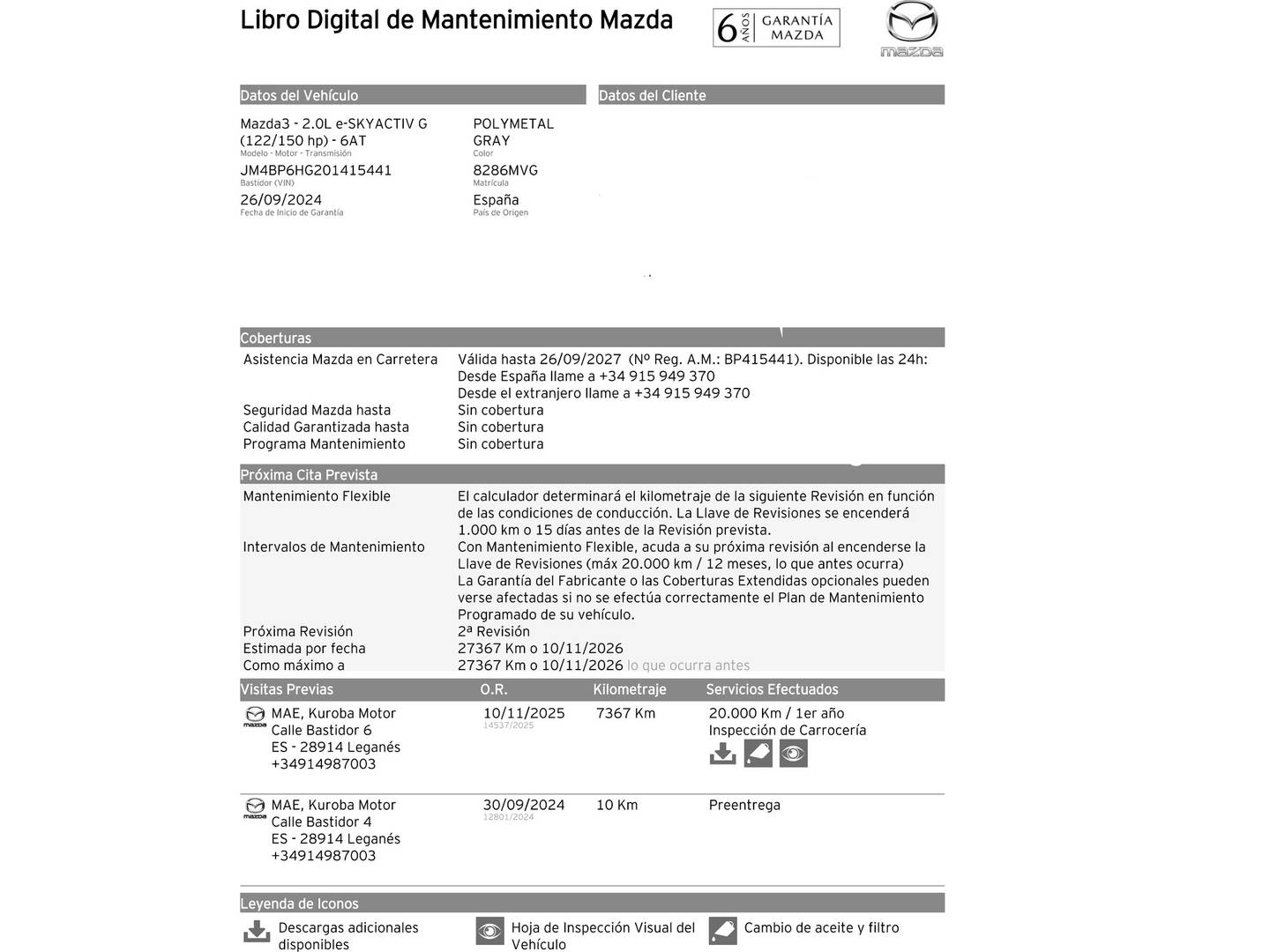 Foto del mantenimiento del Mazda Mazda3 Mazda Mazda 3 2.0 e-SKYACTIV-G Exclusive-Line Plus AT (150 CV)