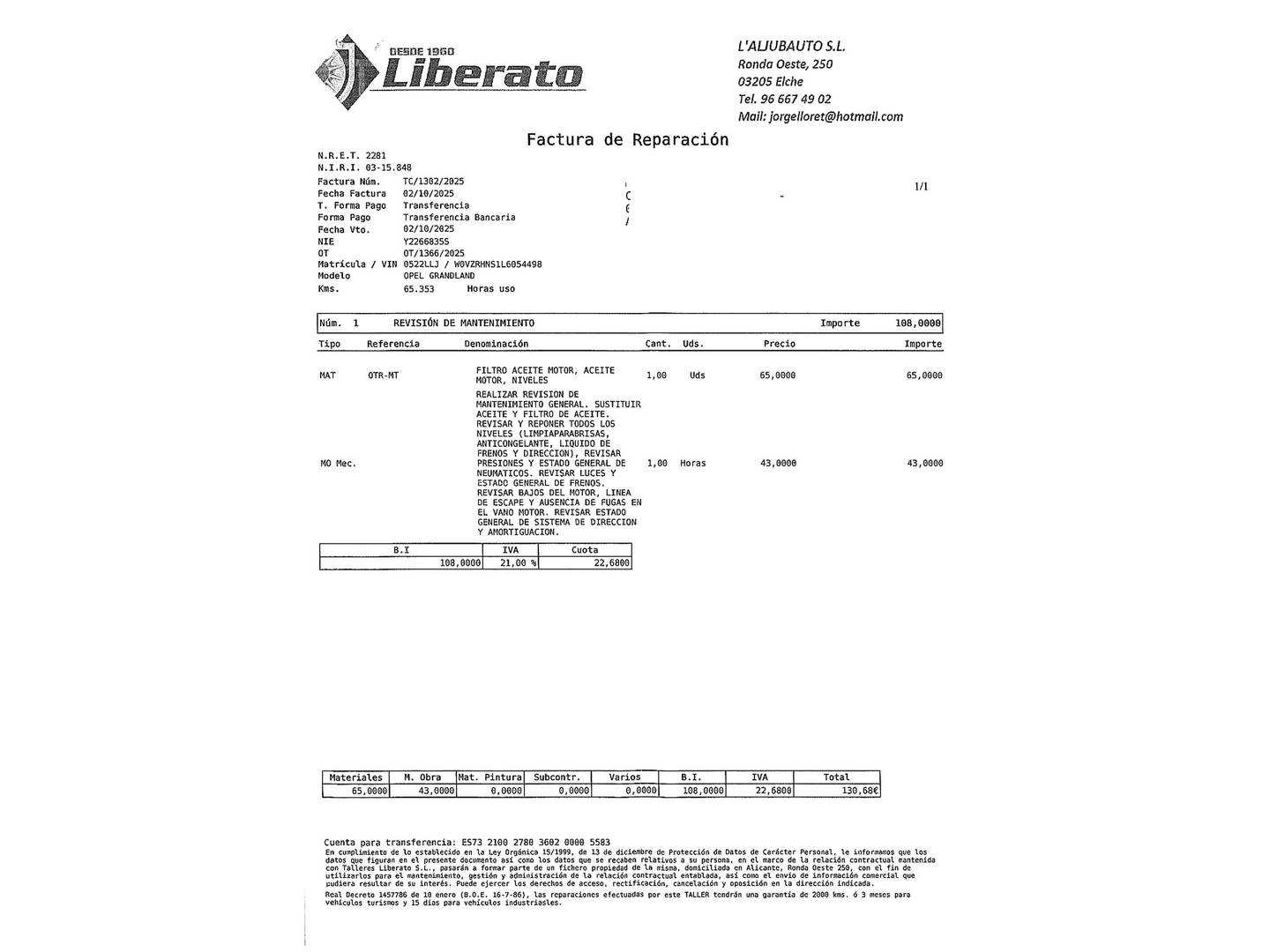 Foto del mantenimiento del Opel Grandland X Opel Grandland X 1.2 Turbo Ultimate (130 CV)