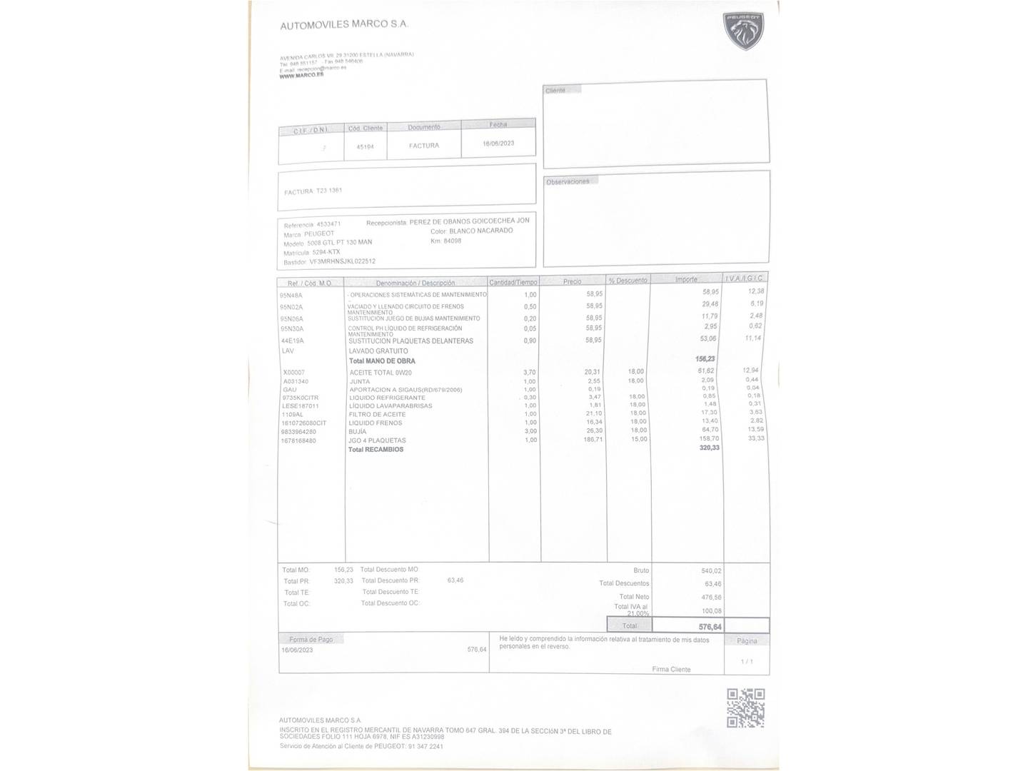 Foto del mantenimiento del Peugeot 5008 Peugeot 5008 PureTech 130 GT Line (130 CV)