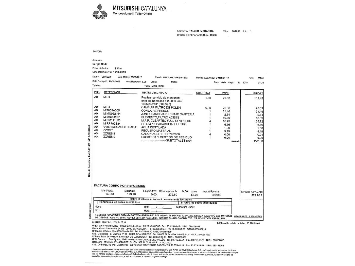Foto del mantenimiento del Mitsubishi ASX Mitsubishi ASX 160 DI-D Motion (114 CV)