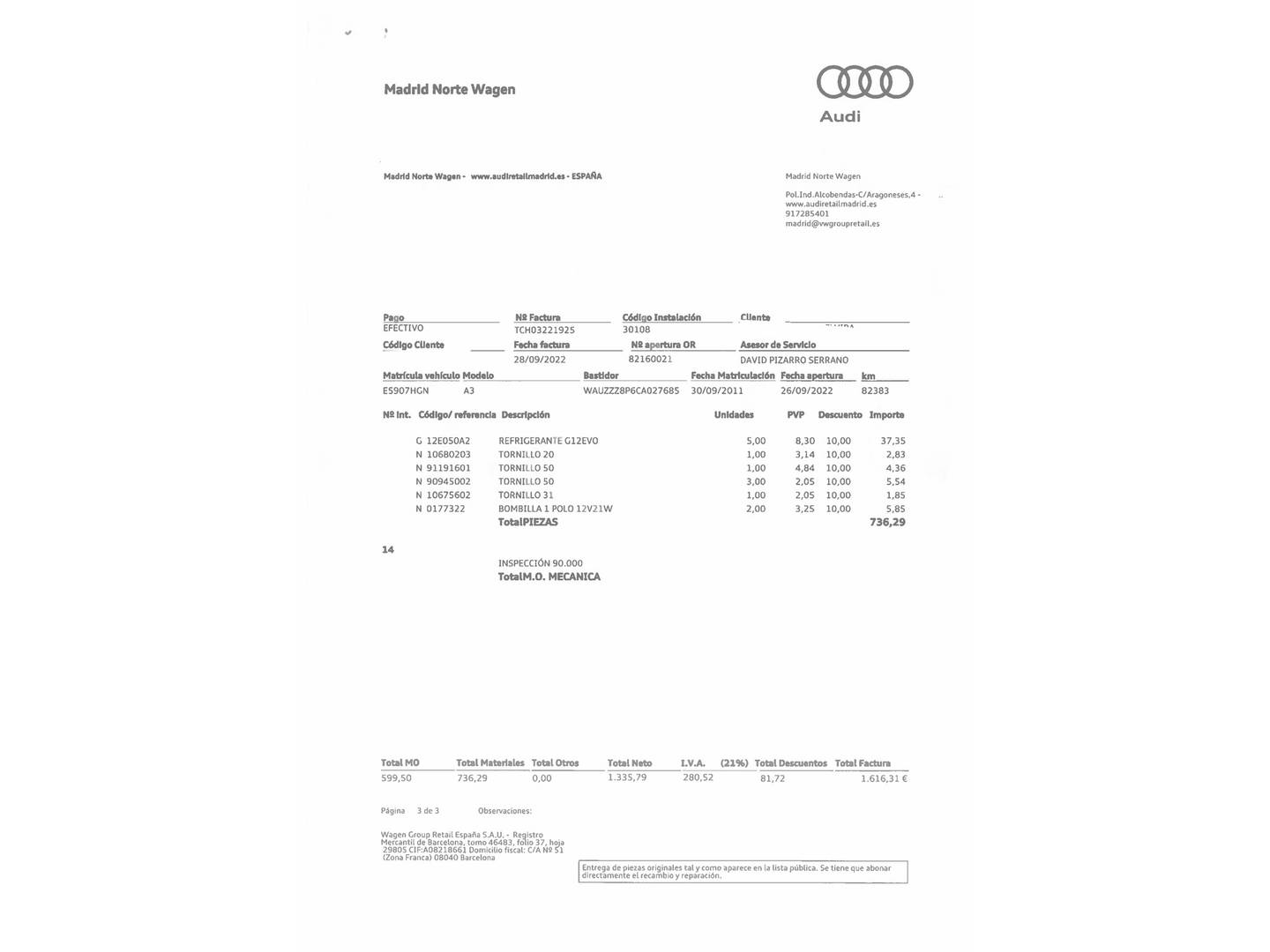 Foto del mantenimiento del Audi A3 Audi A3 Sportback Attraction 1.6 TDI (105 CV)