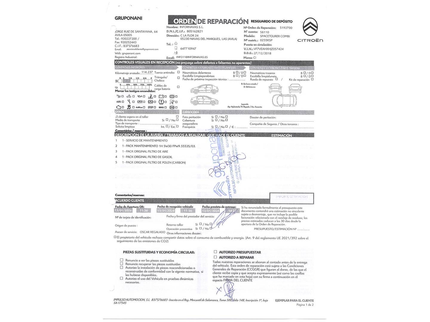 Foto del mantenimiento del Citroën Spacetourer Citroën Spacetourer BlueHDi 150 S&S Feel Talla M (150 CV) 7 Plazas