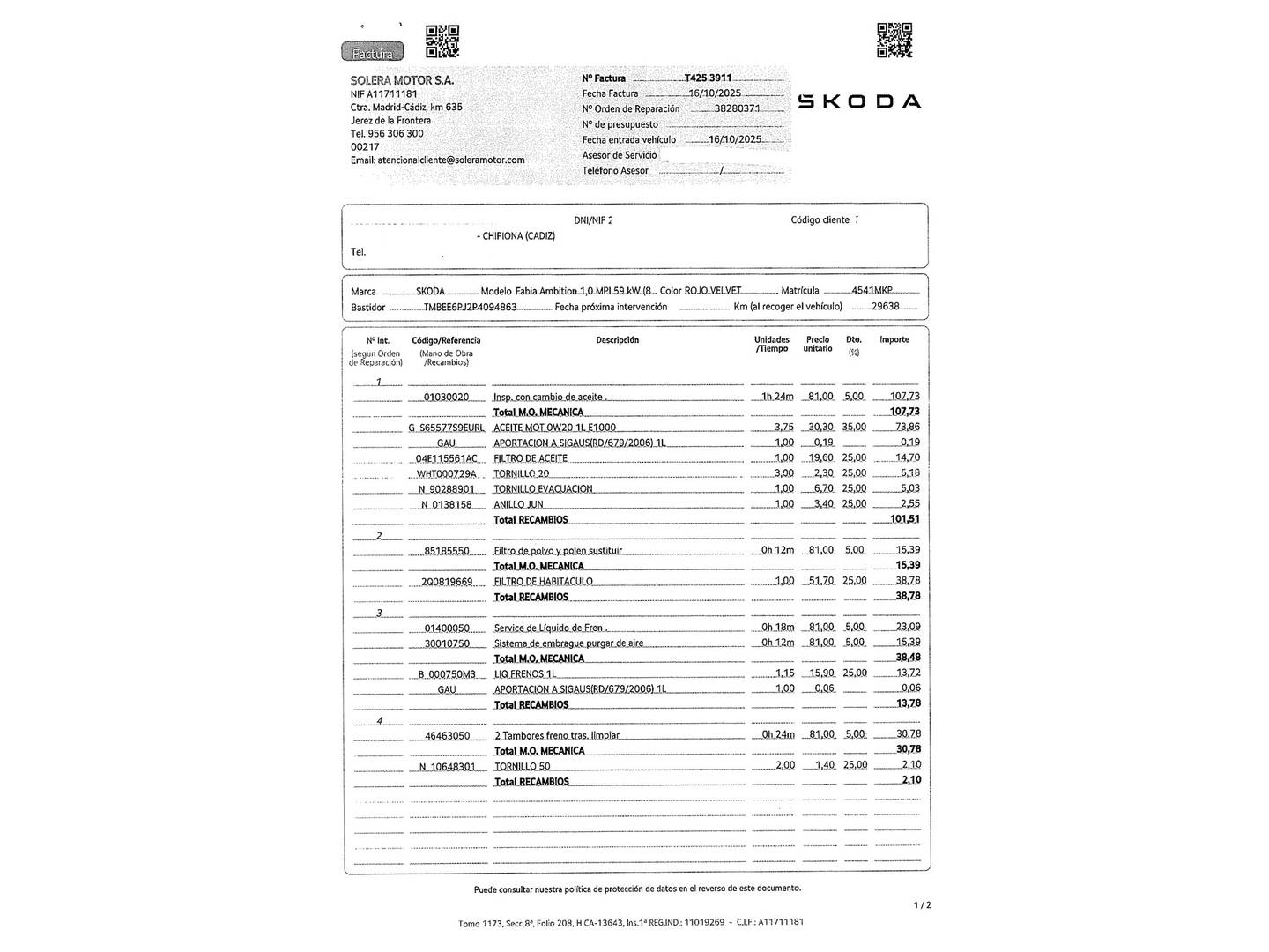 Foto del mantenimiento del Skoda Fabia Skoda Fabia 1.0 MPI Ambition (80 CV)