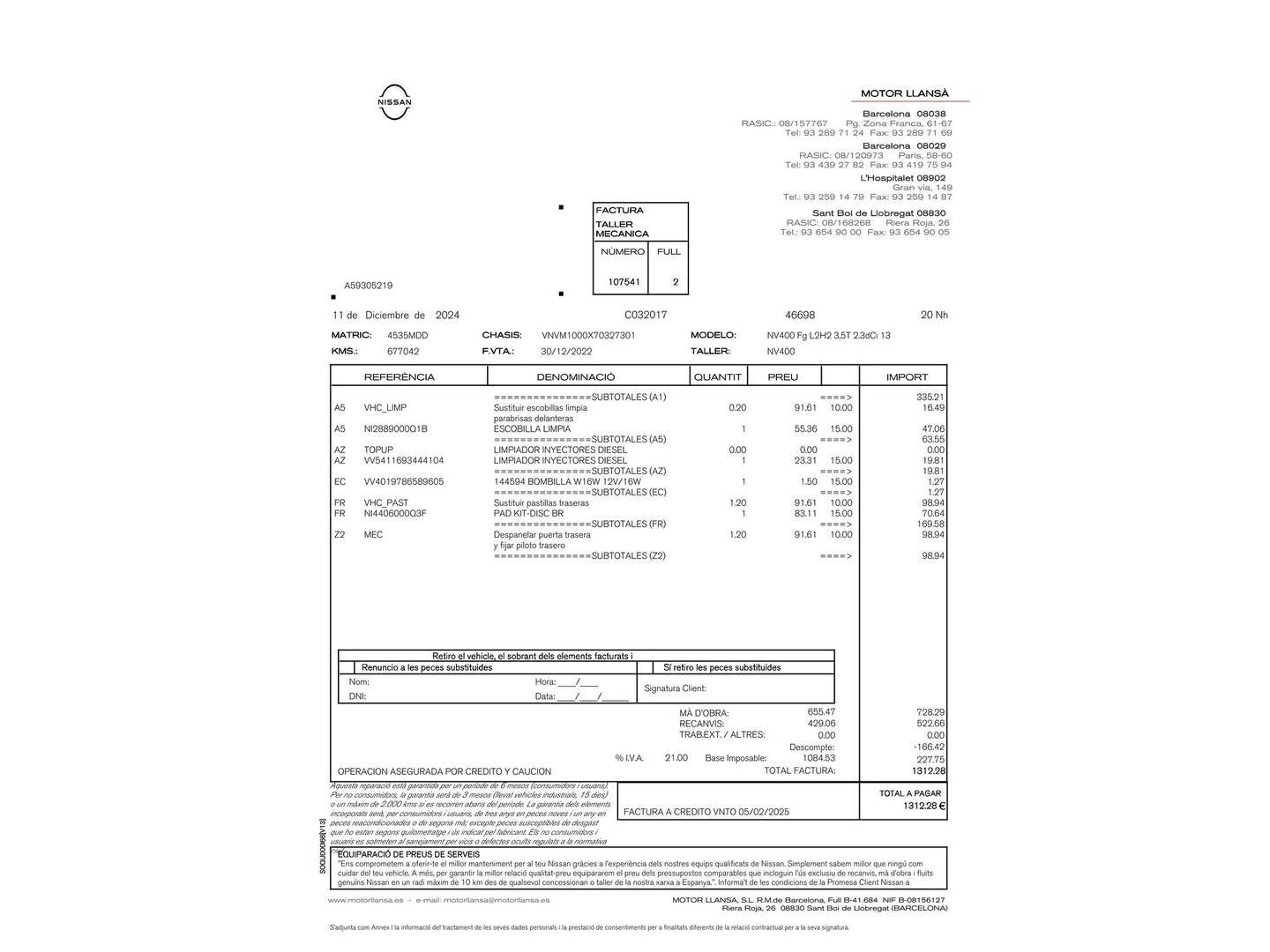 Foto del mantenimiento del Nissan Interstar Nissan Interstar Furgon 2.3 dCi GO L2H2 3,5T FWD (135 CV)