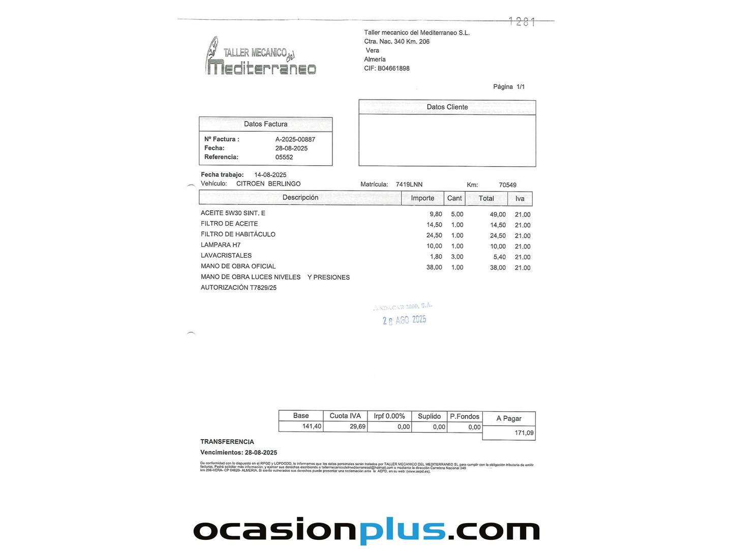Foto del mantenimiento del Citroën Berlingo Citroen Berlingo Furgon BlueHDi 100 Talla XL Club (102 CV)