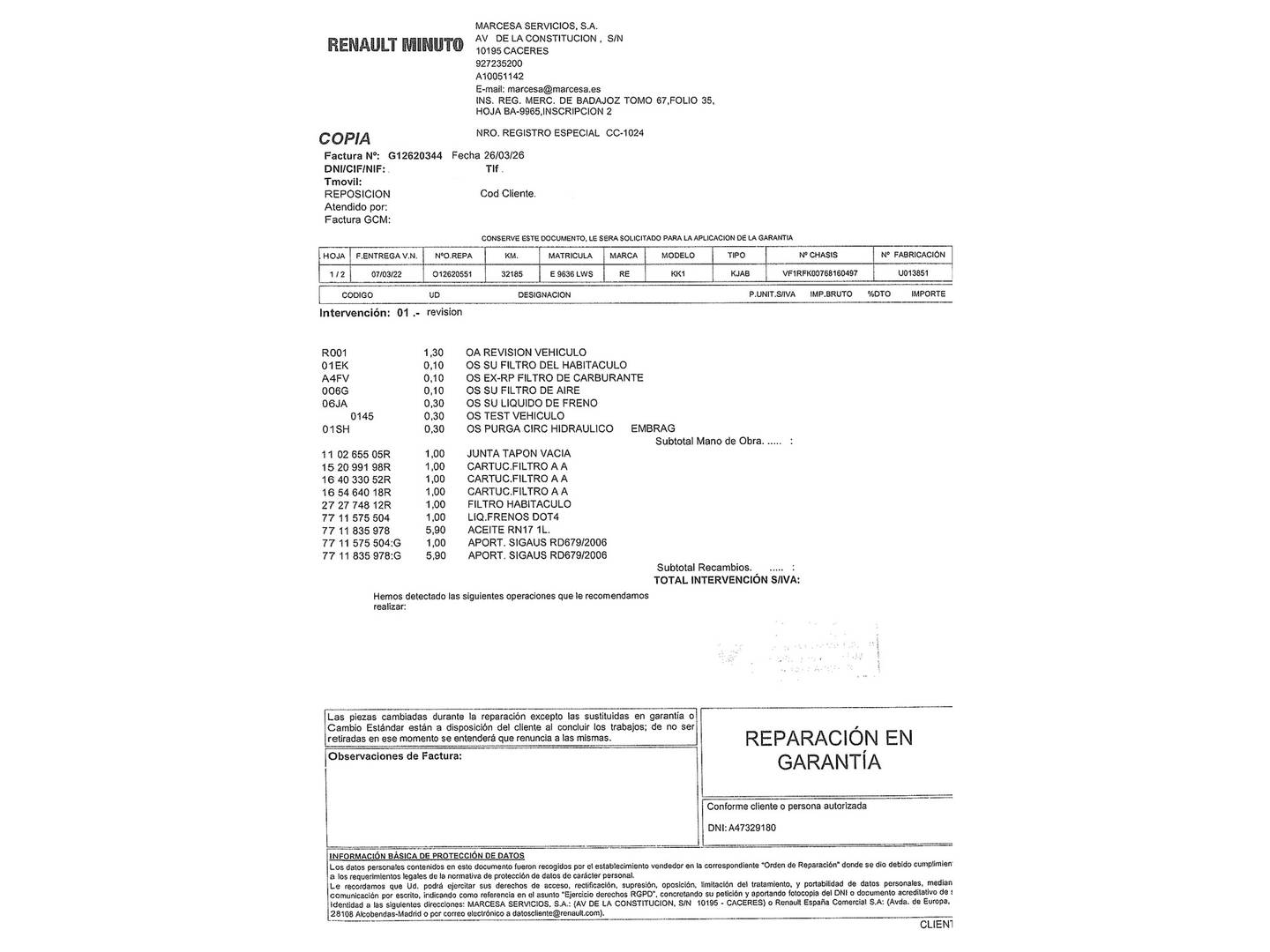 Foto del mantenimiento del Renault Kangoo Combi Renault Kangoo Combi Intens Edition One 1.5 Blue dCi (95 CV)