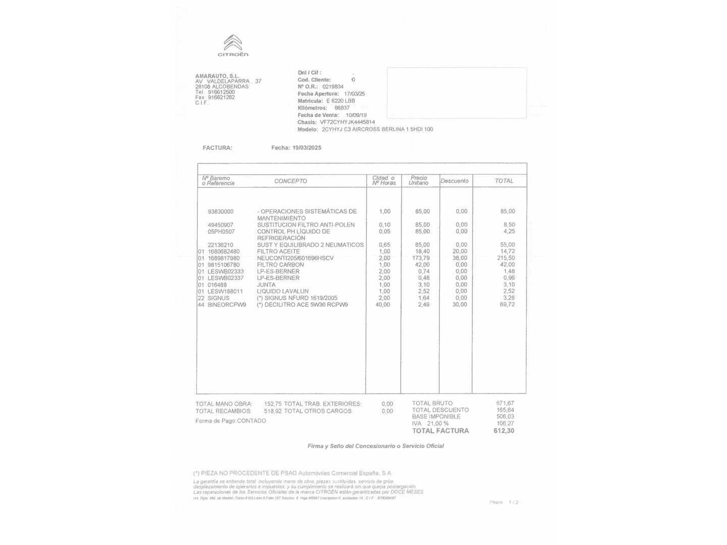 Foto del mantenimiento del Citroën C3 Aircross Citroën C3 Aircross BlueHDi 100 S&S Feel (102 CV)