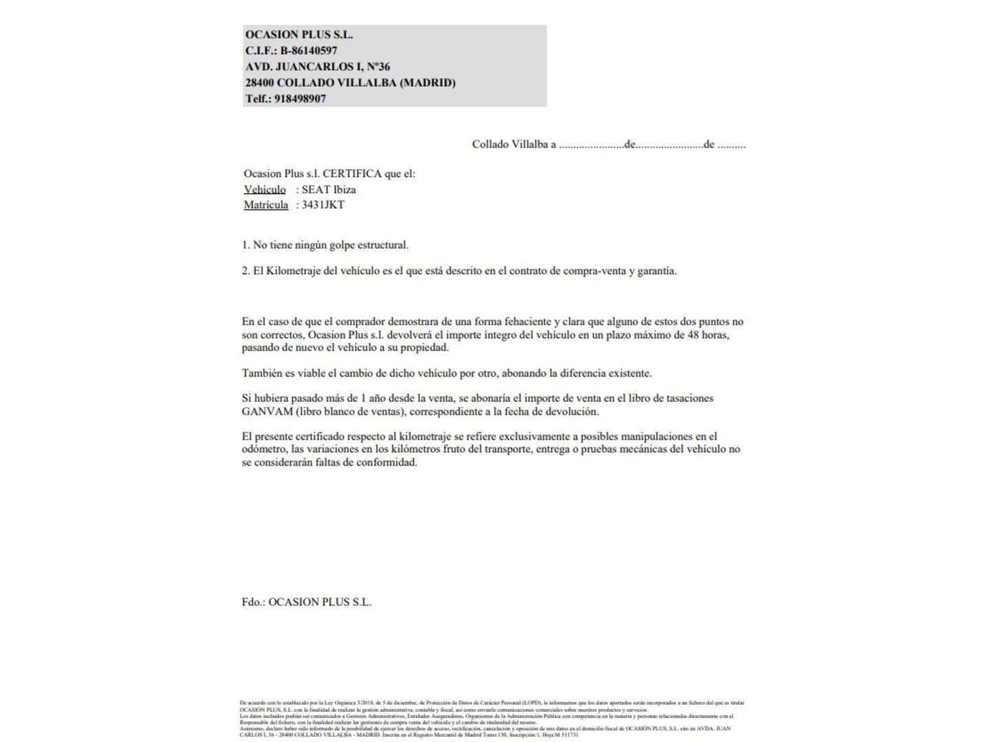 Foto del certificado del Seat Ibiza Seat Ibiza 1.0 Reference (75 CV)