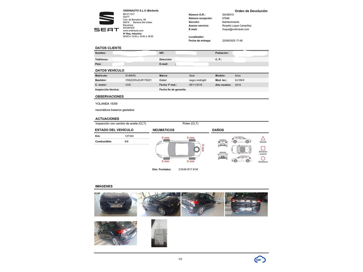 Foto del mantenimiento del Seat Ibiza Seat Ibiza 1.0 EcoTSI FR (115 CV)