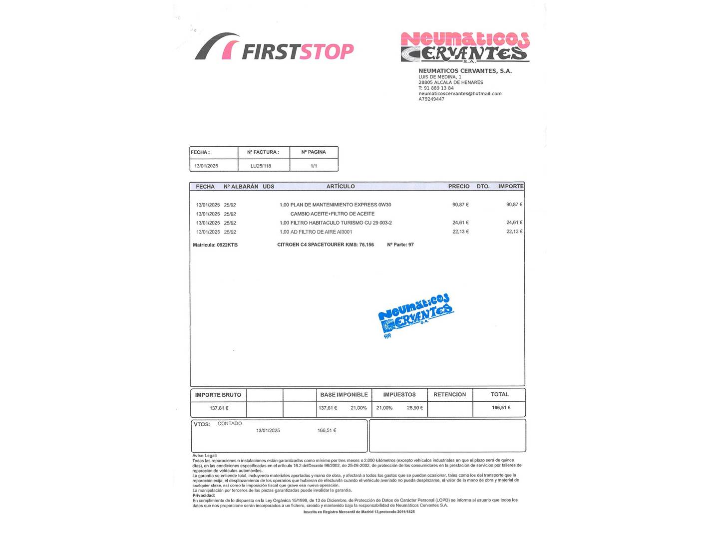 Foto del mantenimiento del Citroën C4 Spacetourer Citroën C4 Spacetourer BlueHDi 120 Feel (120 CV)