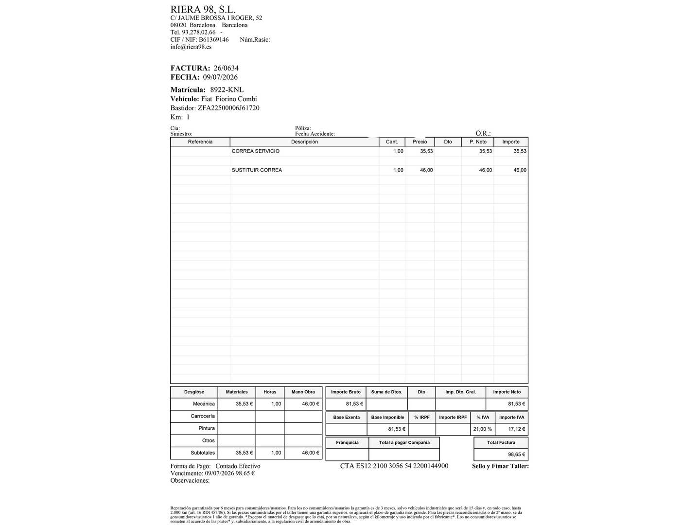 Foto del mantenimiento del Fiat Fiorino Fiat Fiorino Cargo Furgon 1.3 Multijet Base (80 CV)