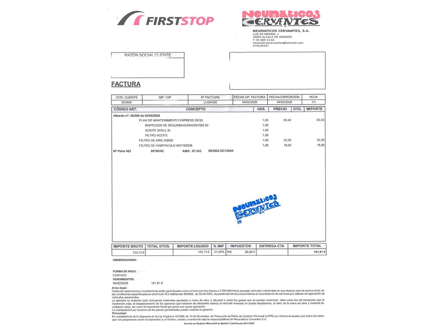 Foto del mantenimiento del Skoda Octavia Skoda Octavia 1.4 TSI Ambition (150 CV)