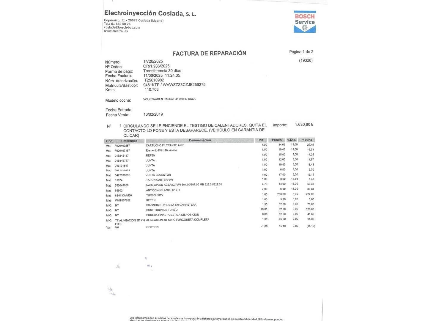 Foto del mantenimiento del Volkswagen Passat Volkswagen Passat Variant Advance 1.6 TDI (120 CV)