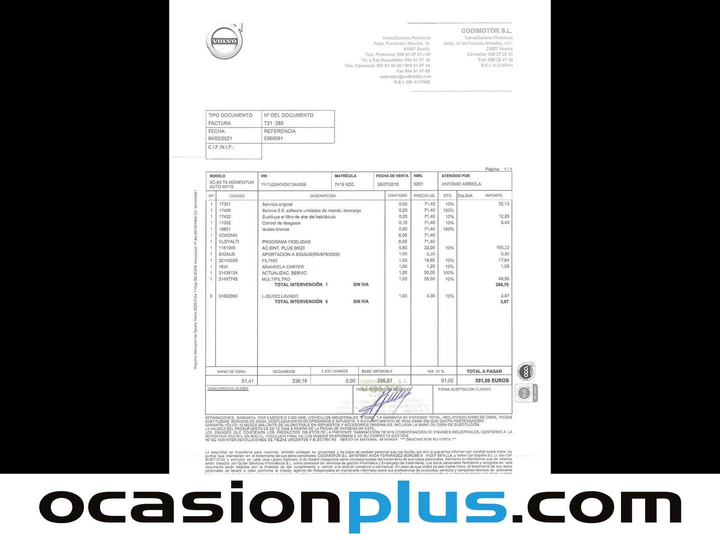 Foto del mantenimiento del Volvo XC60 Volvo XC60 T4 Momentum Auto (190 CV)